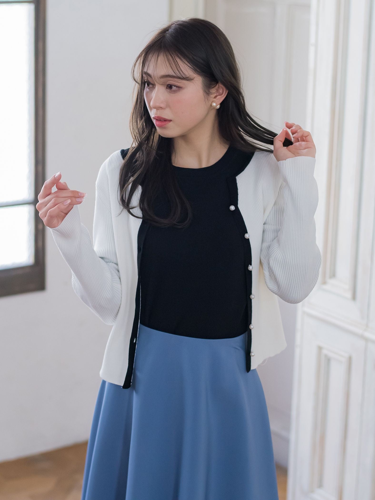 配色パールボタンリブニット≪手洗い可能≫