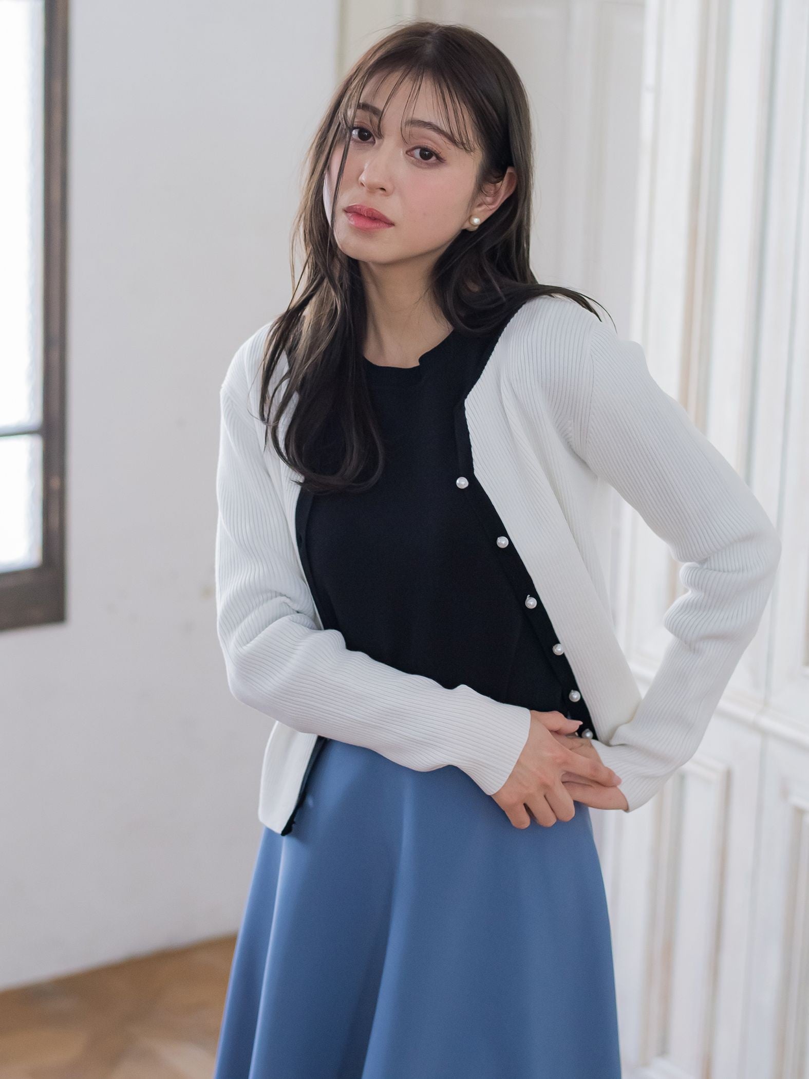 配色パールボタンリブニット≪手洗い可能≫