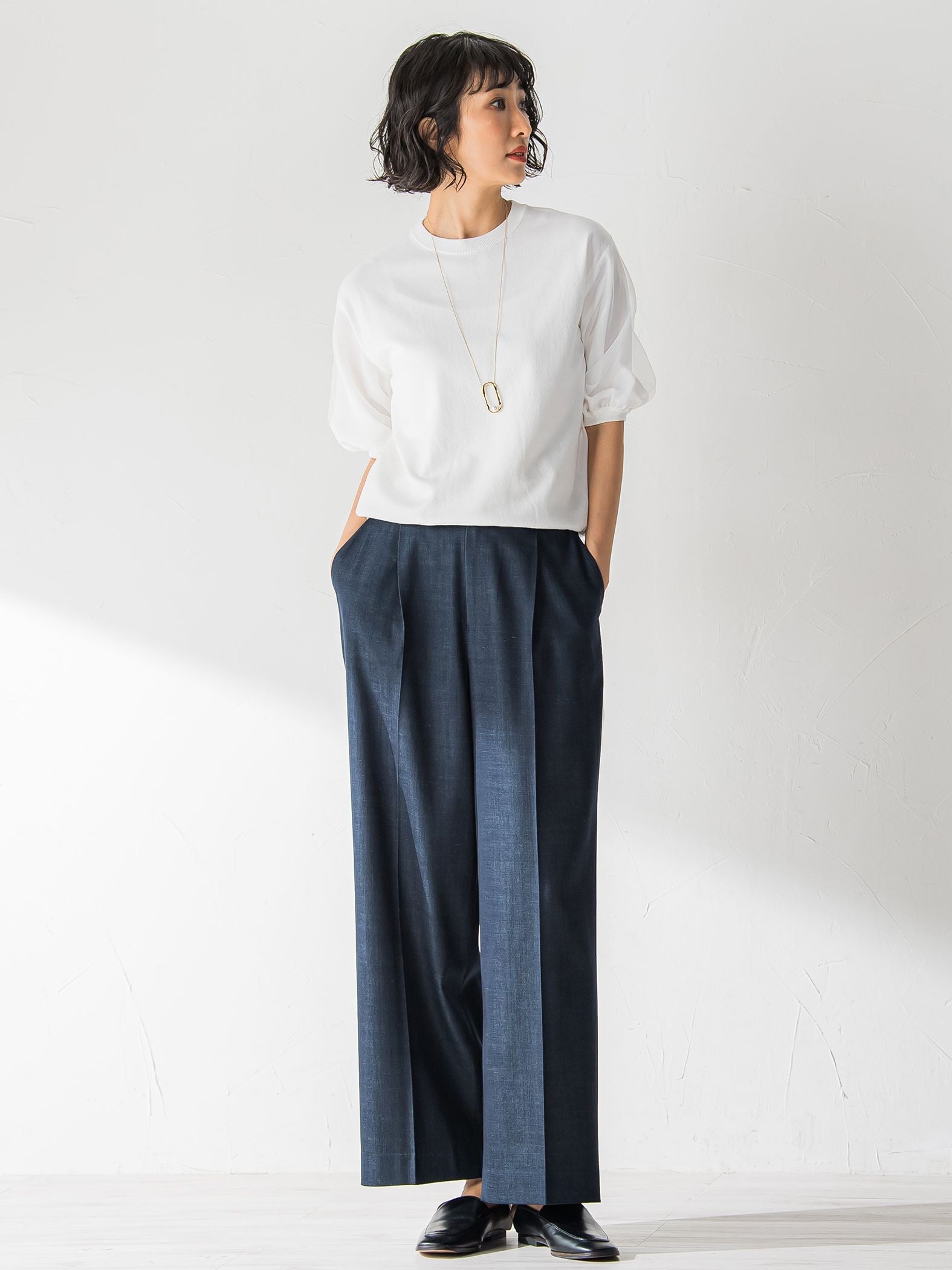 【おとなデニム】サスペンダー付きワイドパンツ≪洗える≫