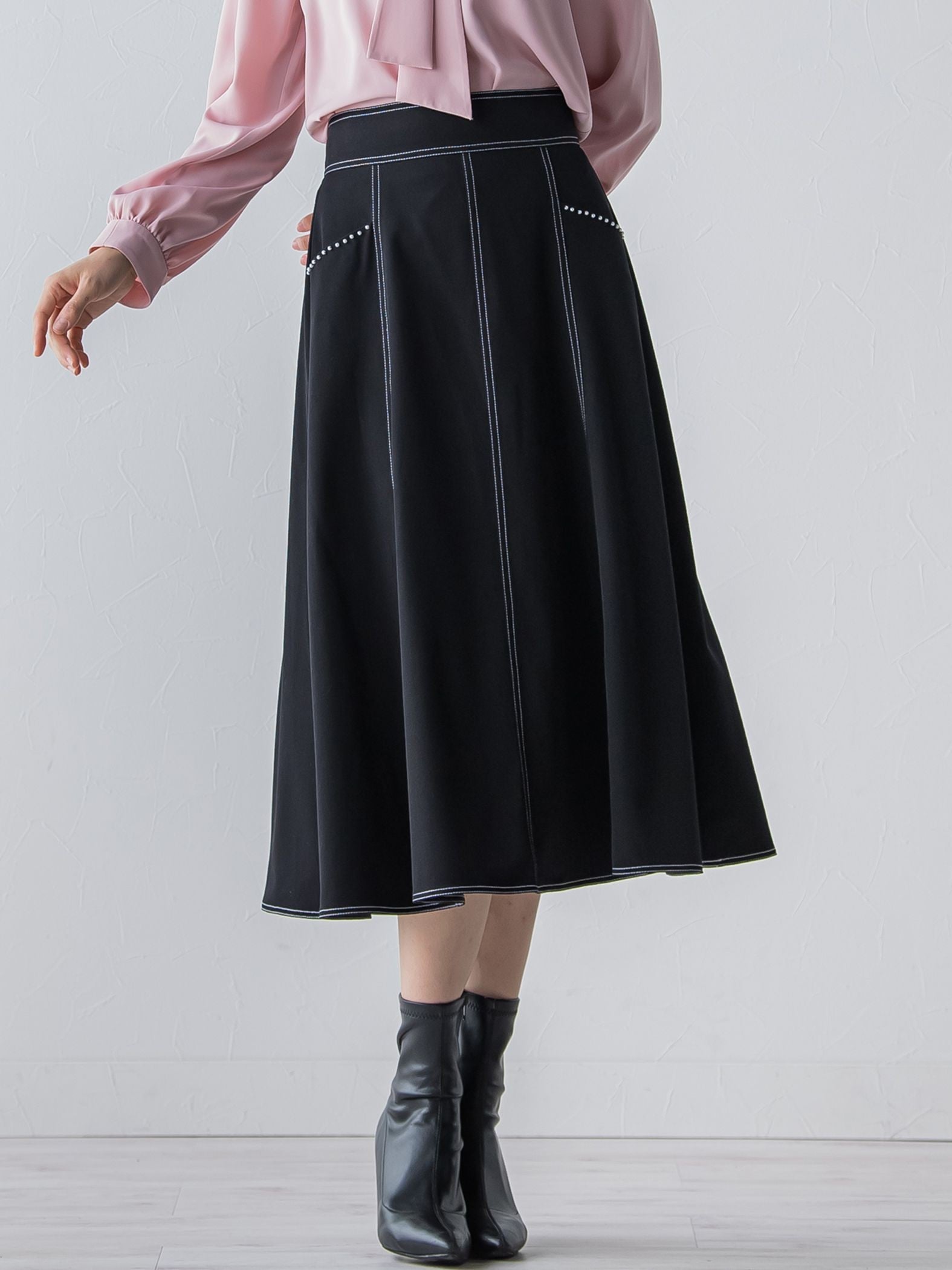 【大きいサイズ】デニムシャンブレーポケットプチパールスカート