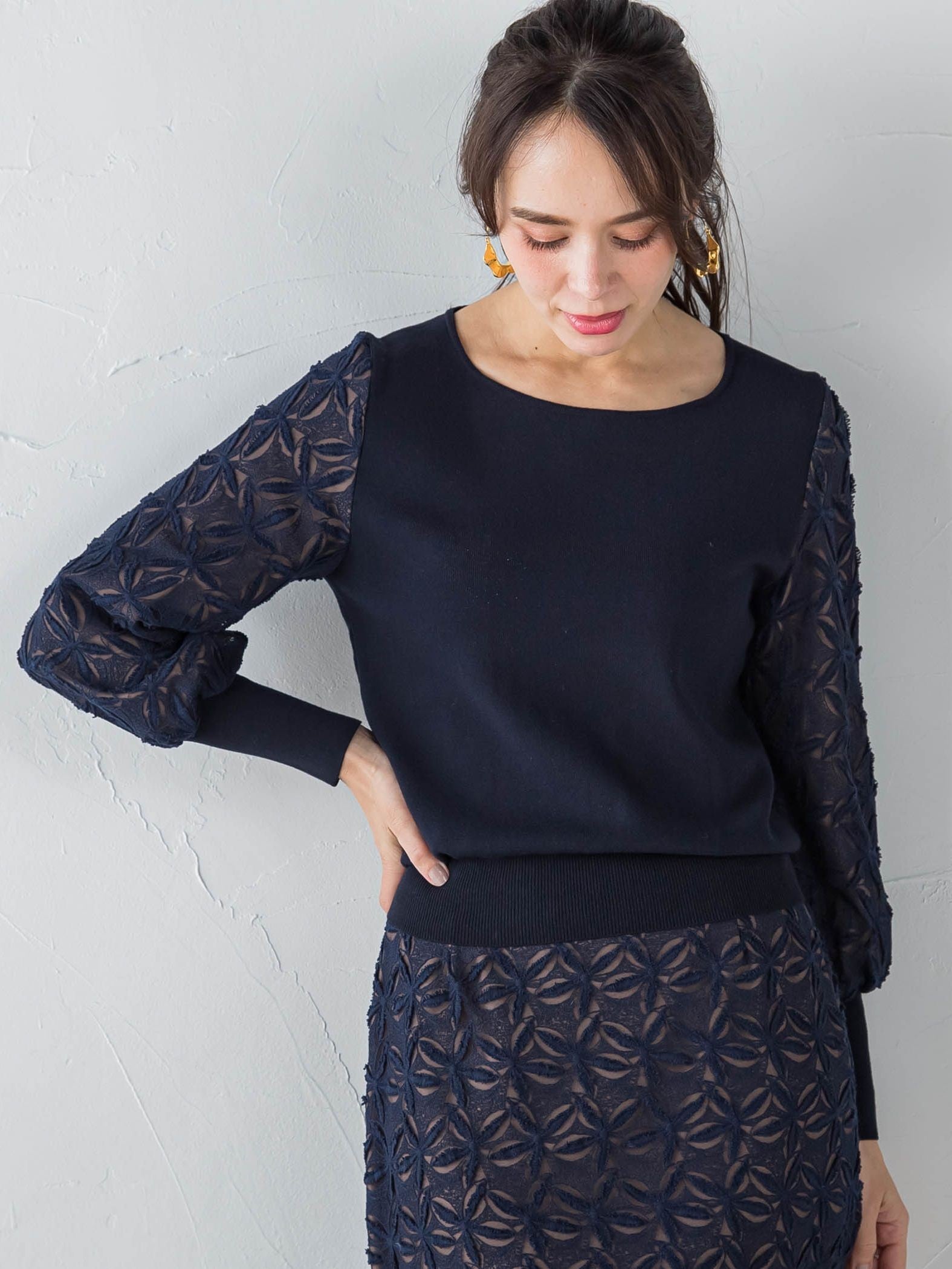 袖レース刺繍ニットプルオーバー≪セットアップ対応≫