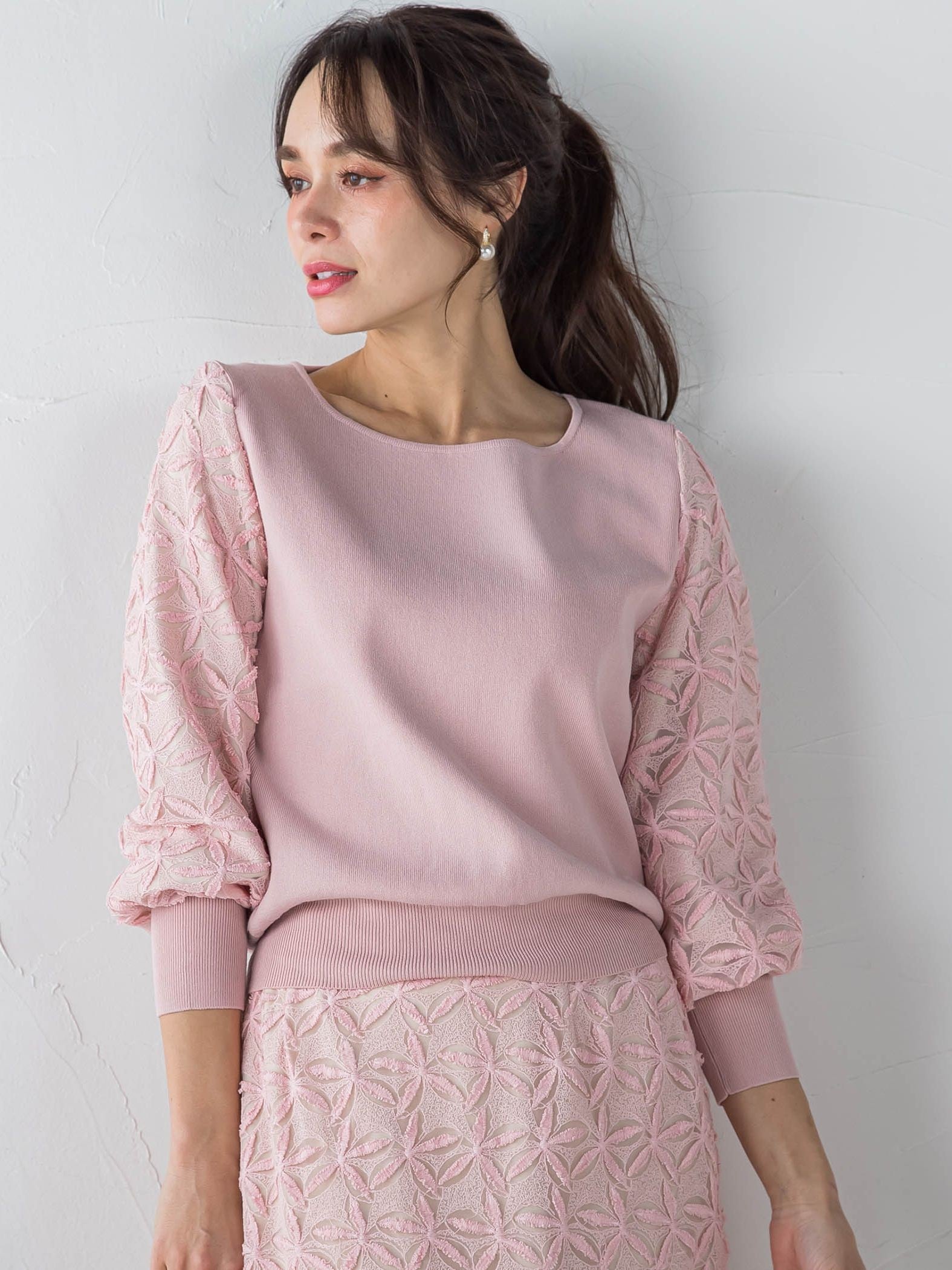 袖レース刺繍ニットプルオーバー≪セットアップ対応≫