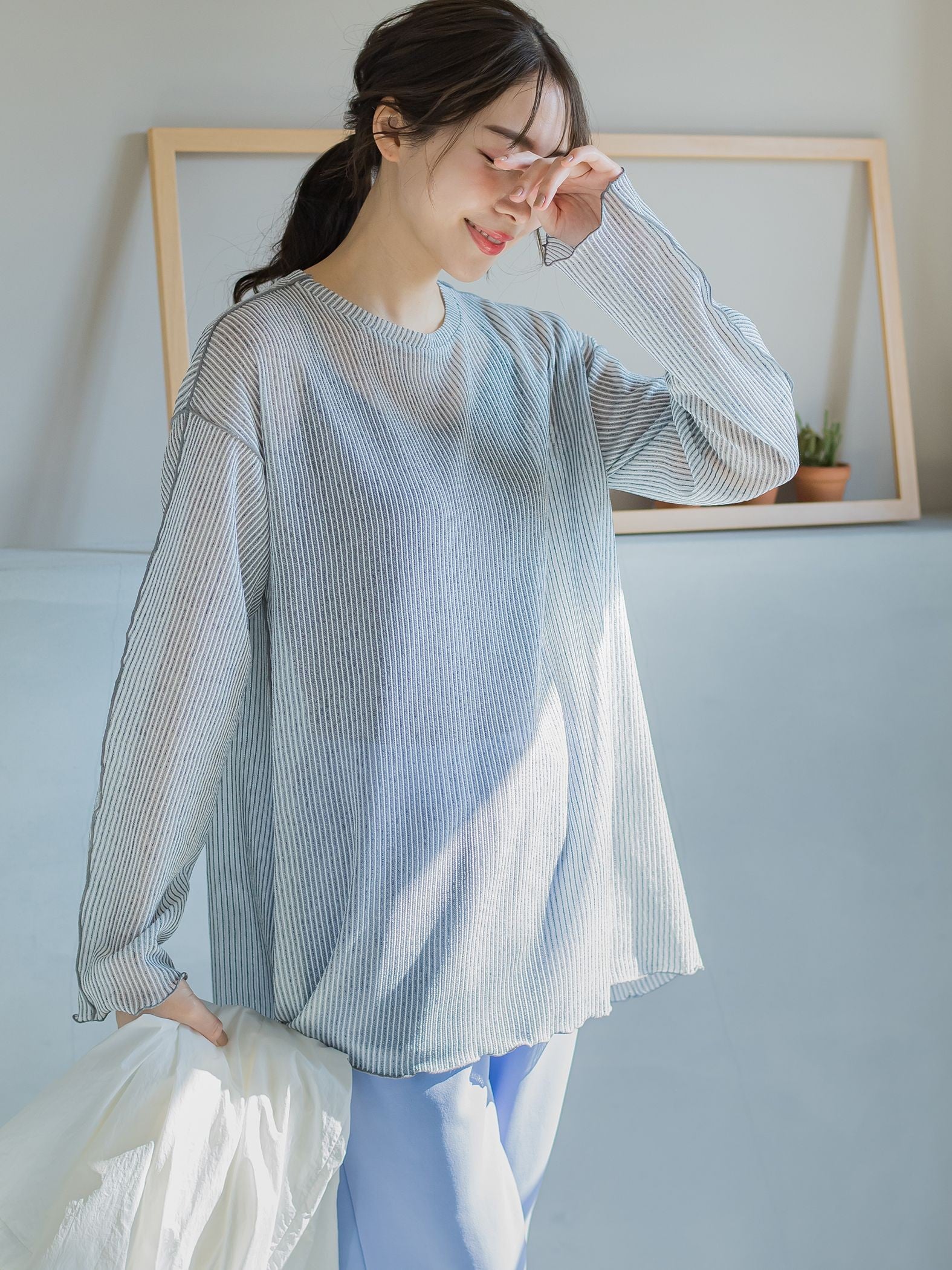 【コーディネートにこなれ感をプラス】ストライプシアーTシャツ《手洗い可能》
