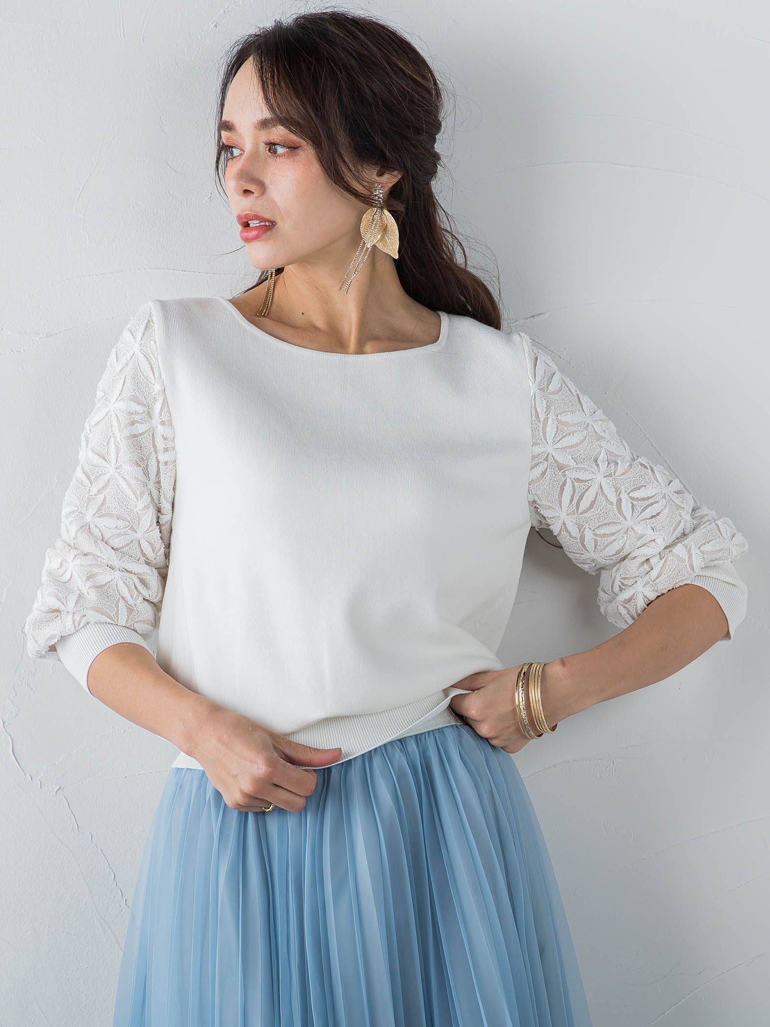 袖レース刺繍ニットプルオーバー≪セットアップ対応≫