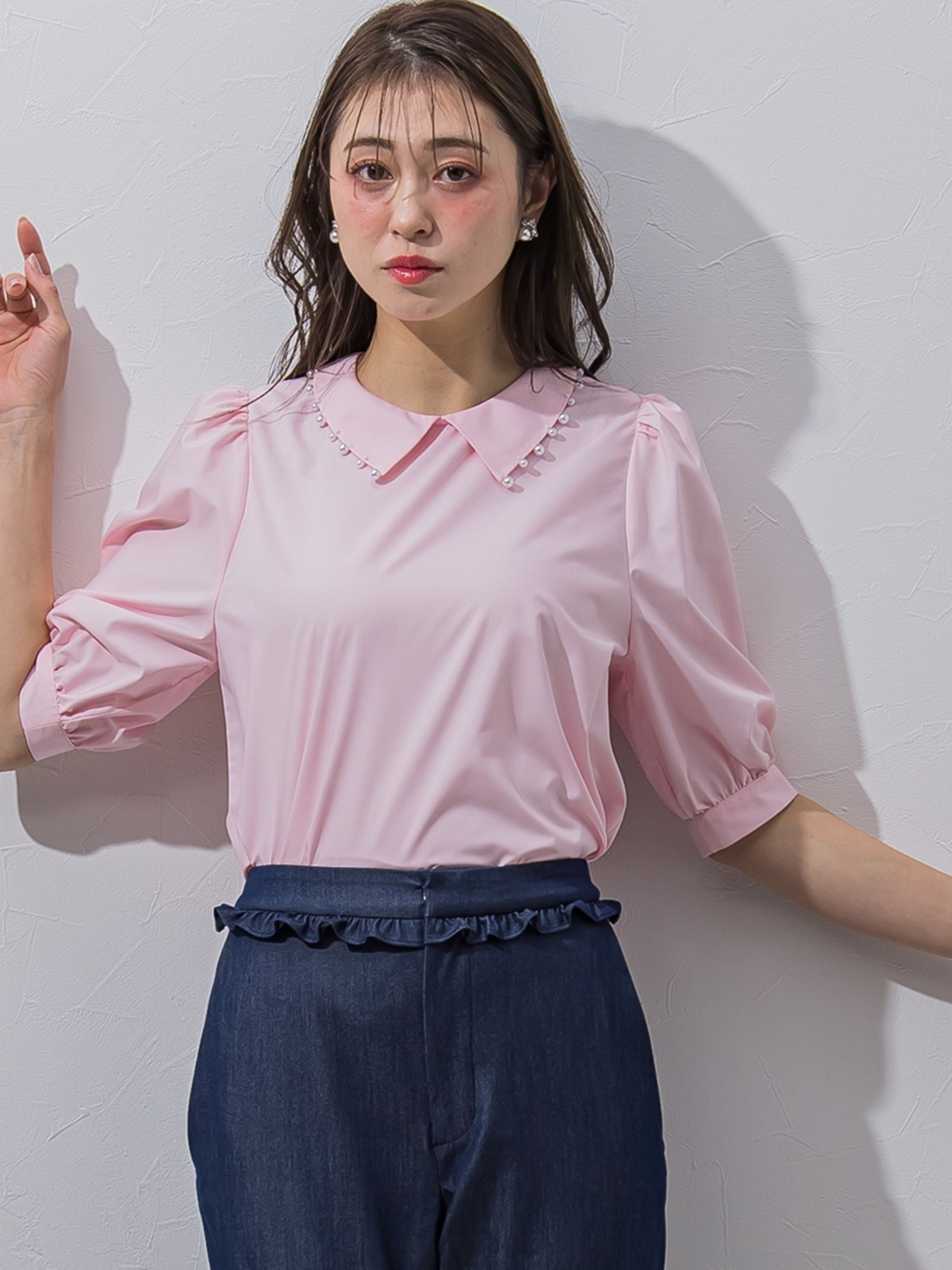 【大きいサイズ】衿プチパールブラウス≪洗濯機で洗える≫