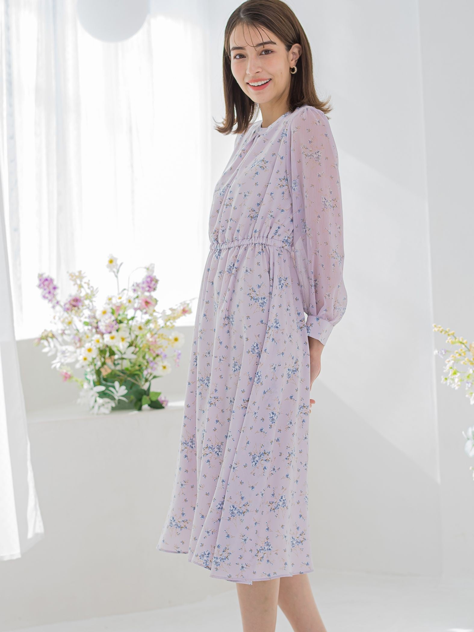 花柄シフォンワンピース ≪洗濯機で洗える≫