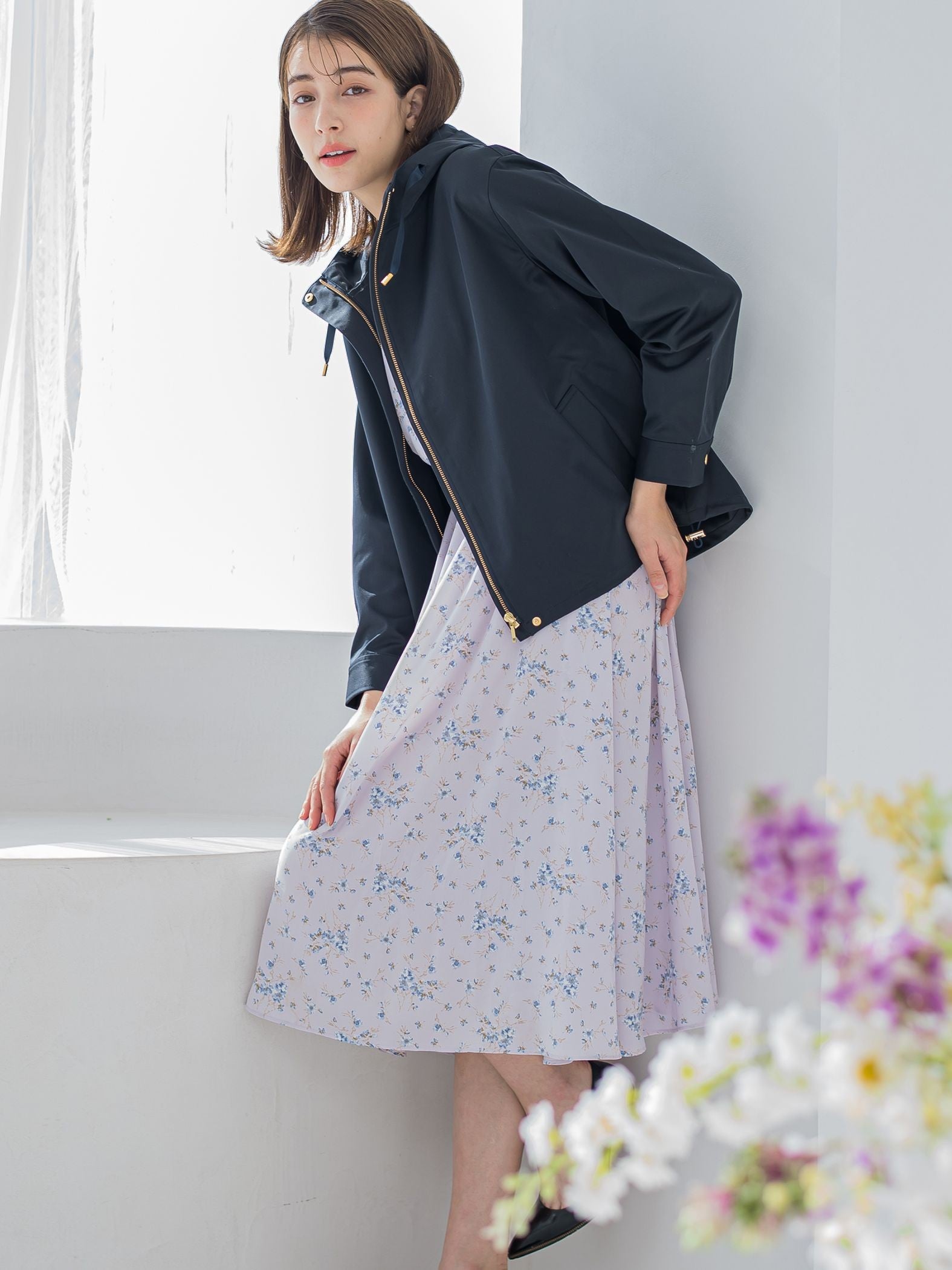 花柄シフォンワンピース ≪洗濯機で洗える≫