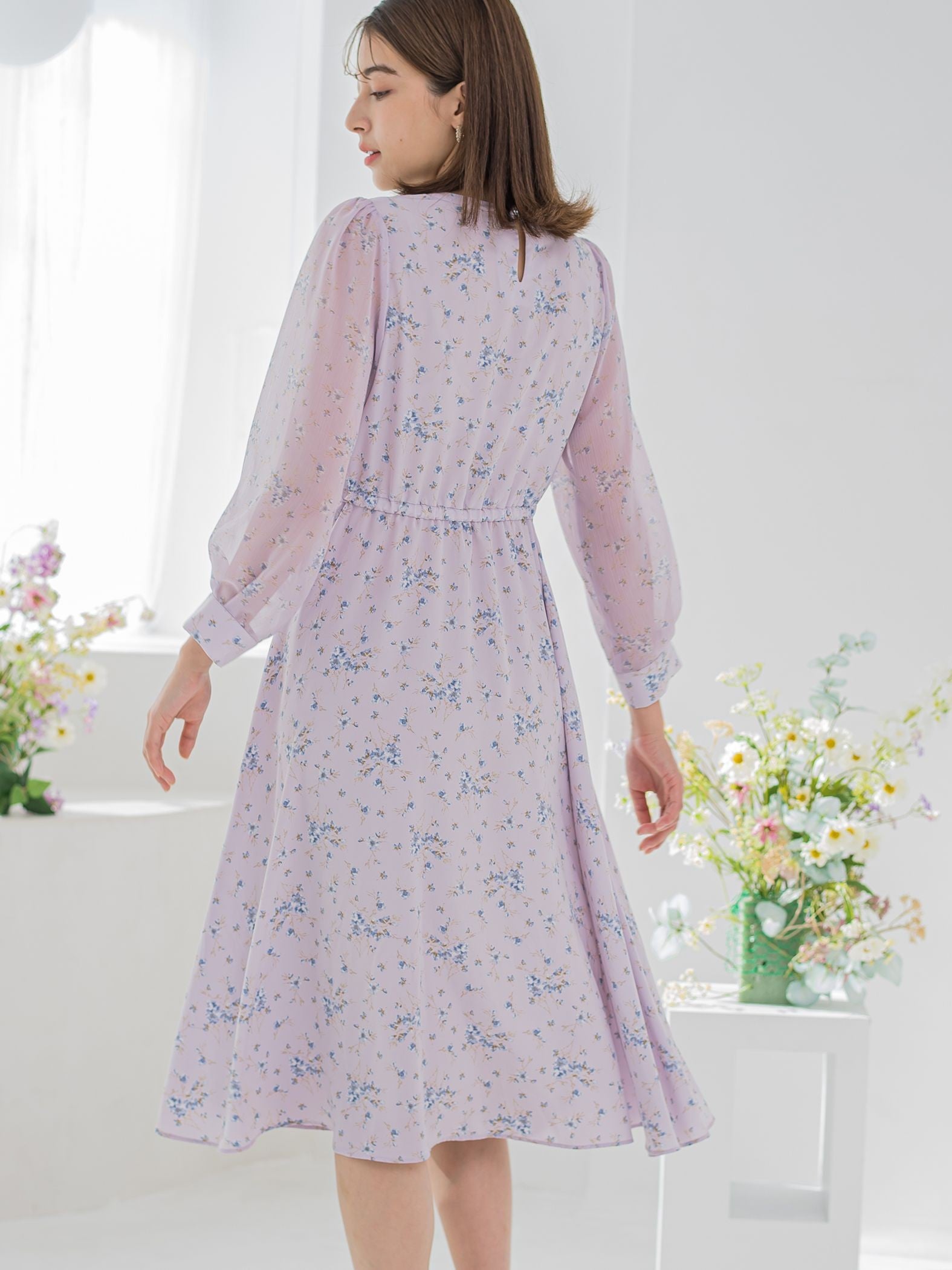 花柄シフォンワンピース ≪洗濯機で洗える≫