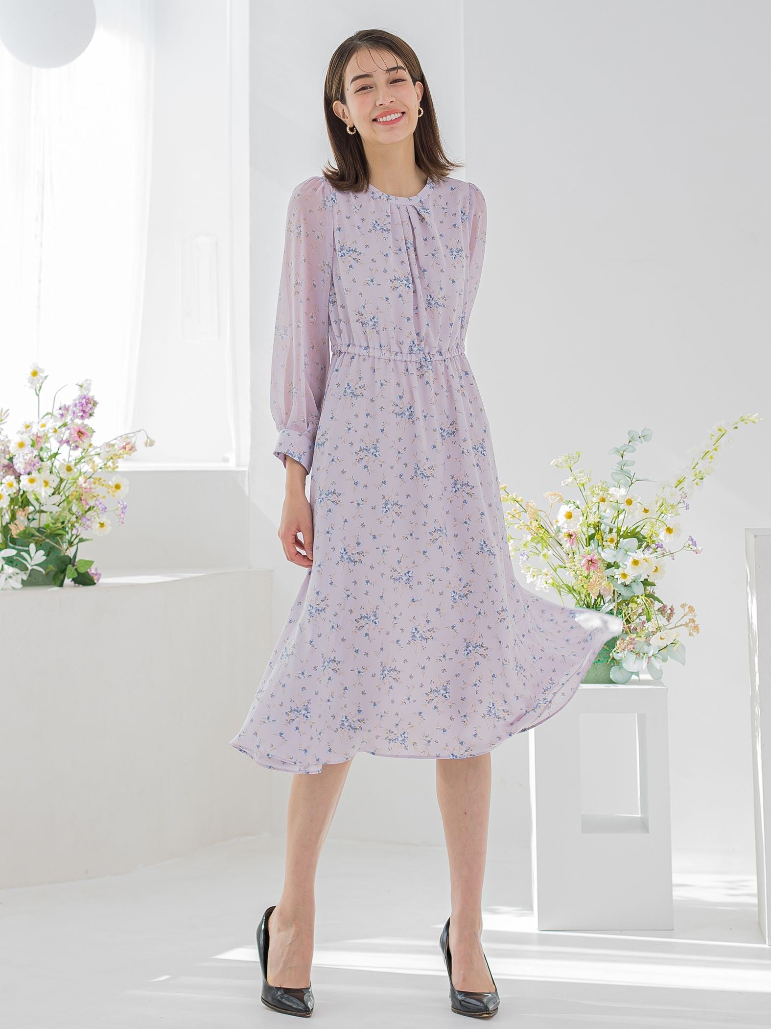 花柄シフォンワンピース ≪洗濯機で洗える≫