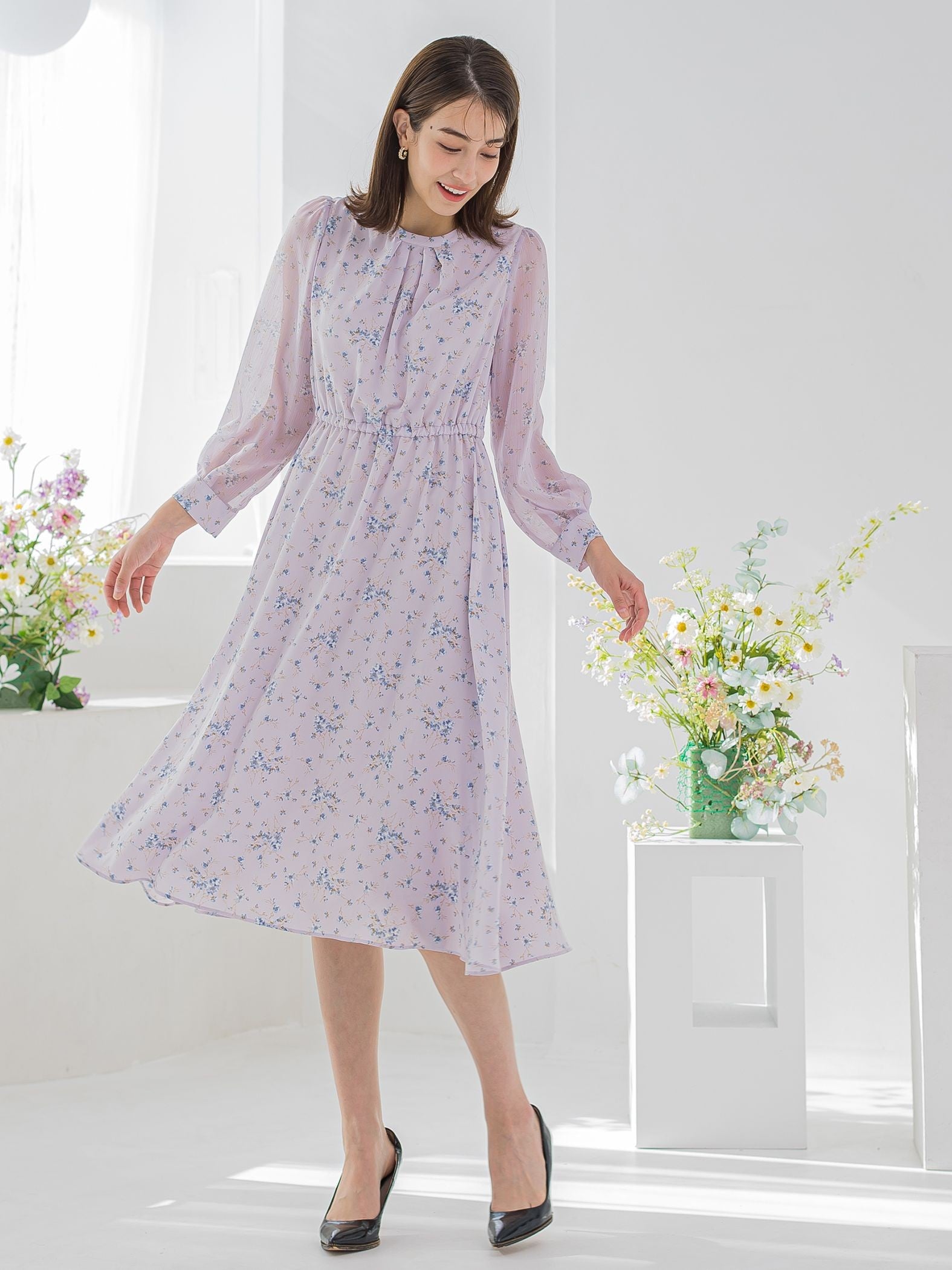 花柄シフォンワンピース ≪洗濯機で洗える≫