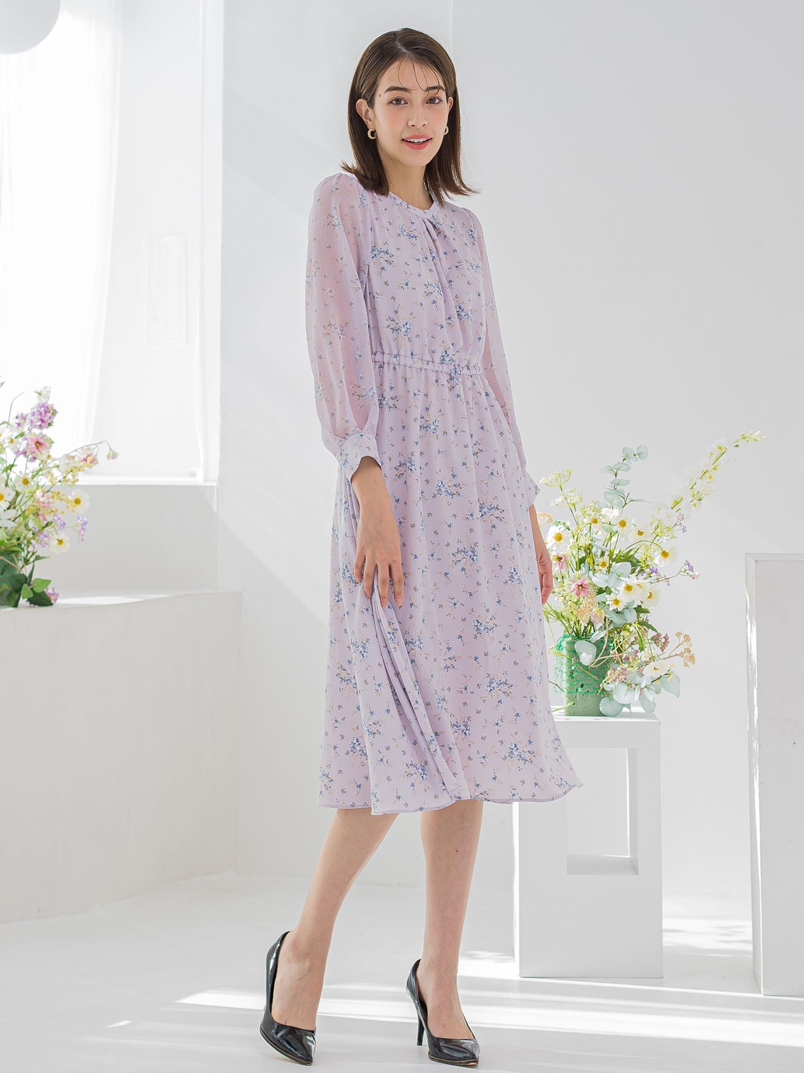 花柄シフォンワンピース ≪洗濯機で洗える≫
