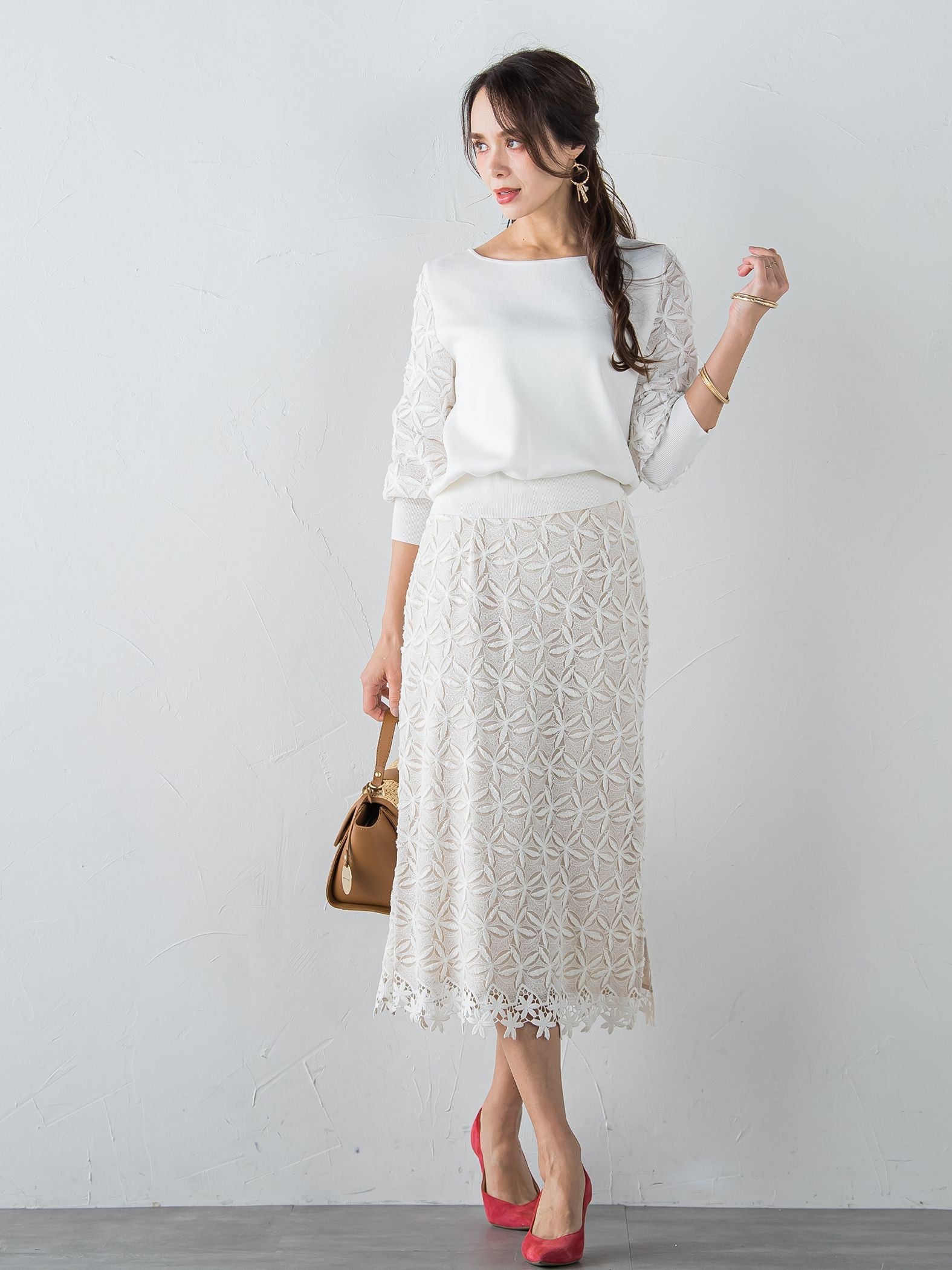 袖レース刺繍ニットプルオーバー≪セットアップ対応≫
