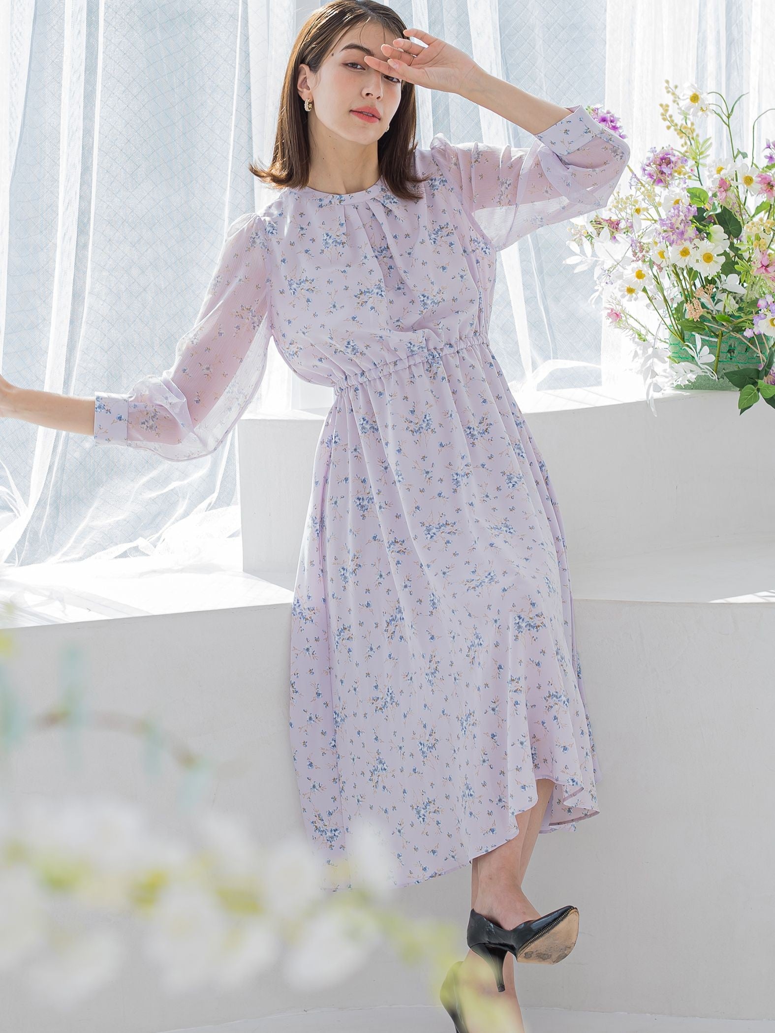 花柄シフォンワンピース ≪洗濯機で洗える≫