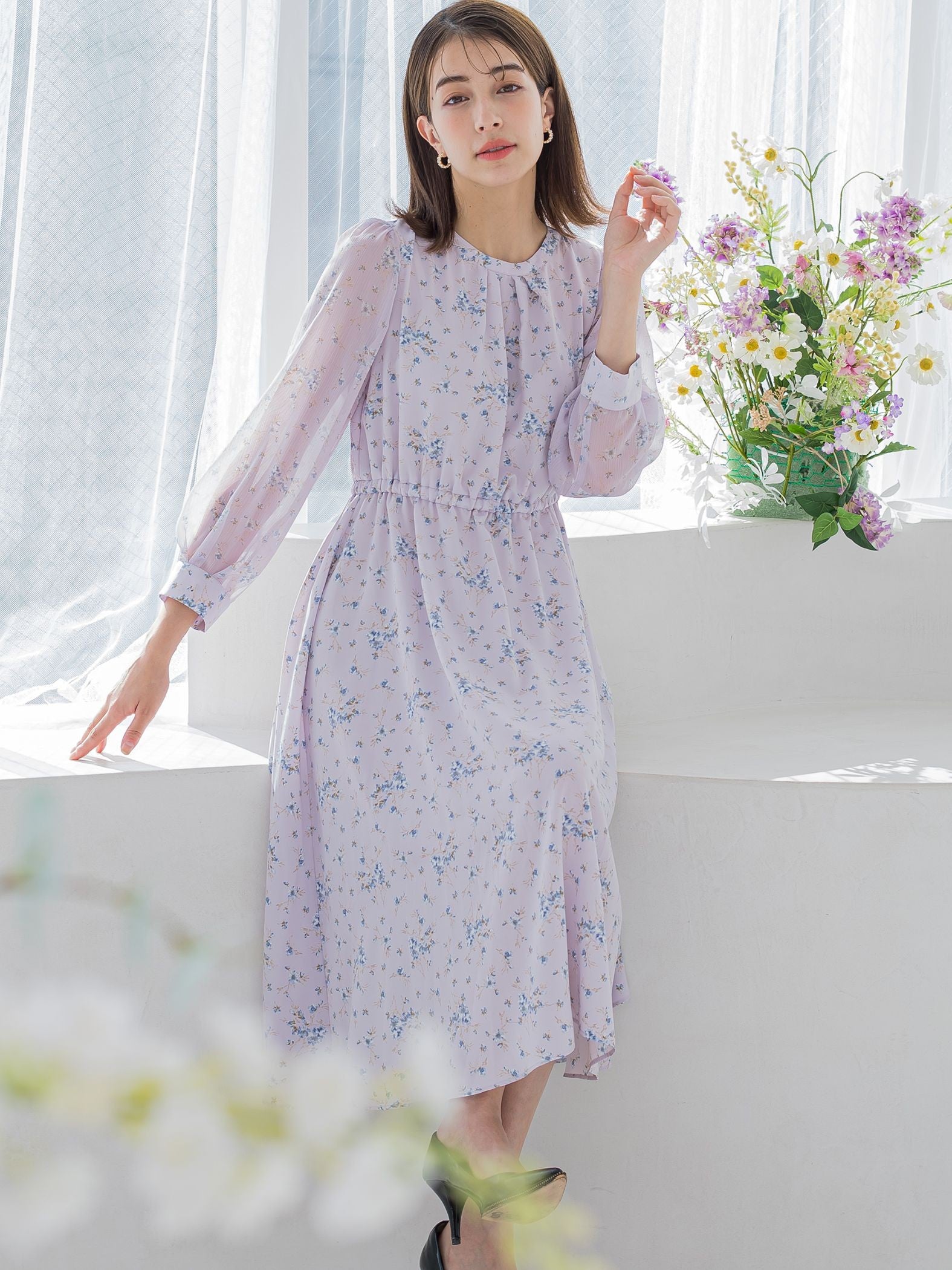 花柄シフォンワンピース ≪洗濯機で洗える≫