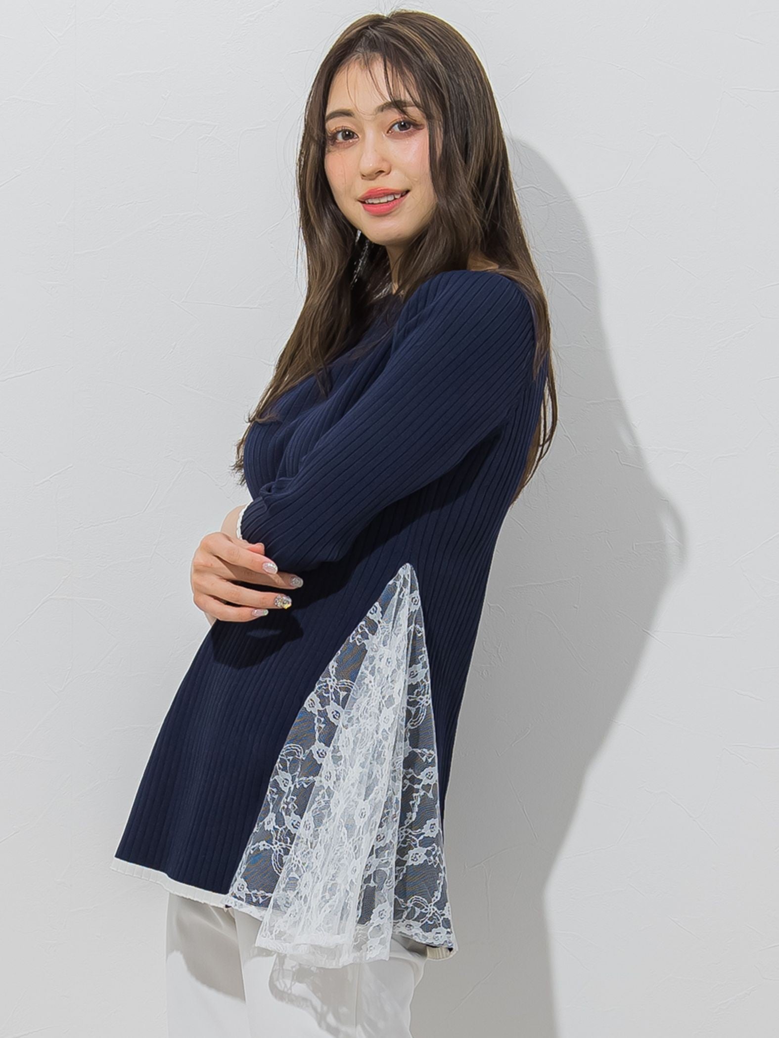 レースドッキングチュニックニット《手洗い可能》