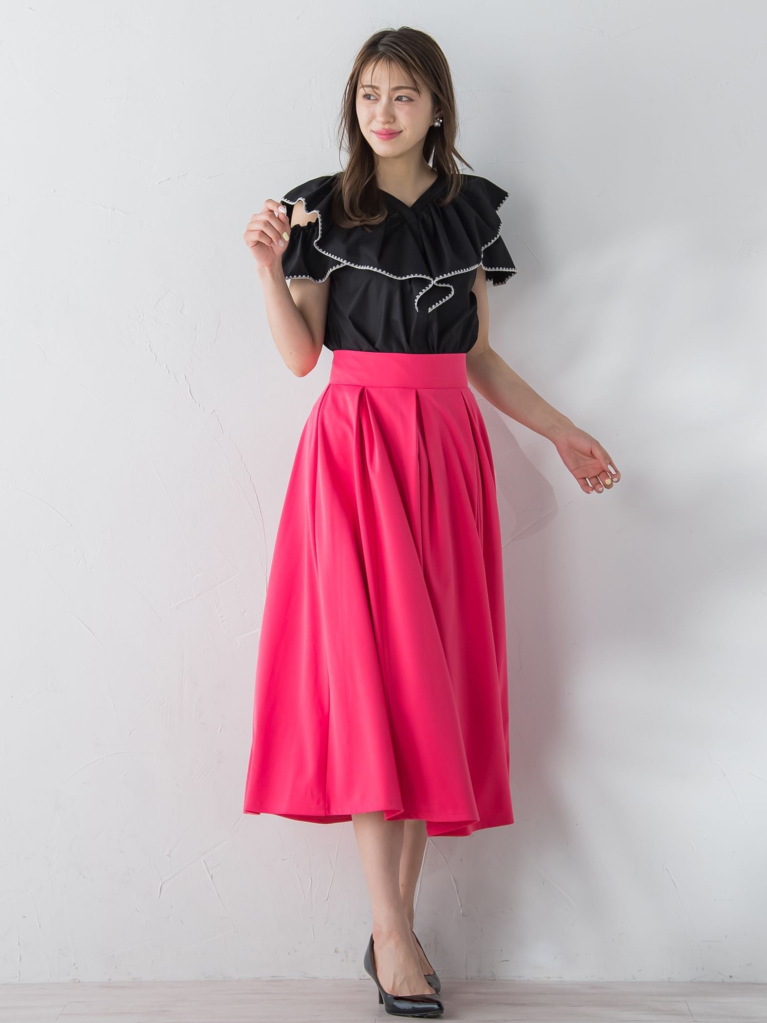 配色刺繍フリルブラウス≪手洗い可能≫