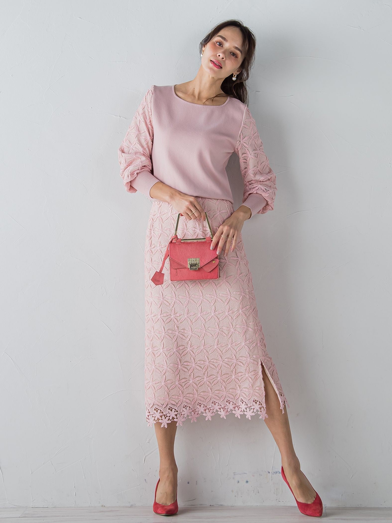 袖レース刺繍ニットプルオーバー≪セットアップ対応≫