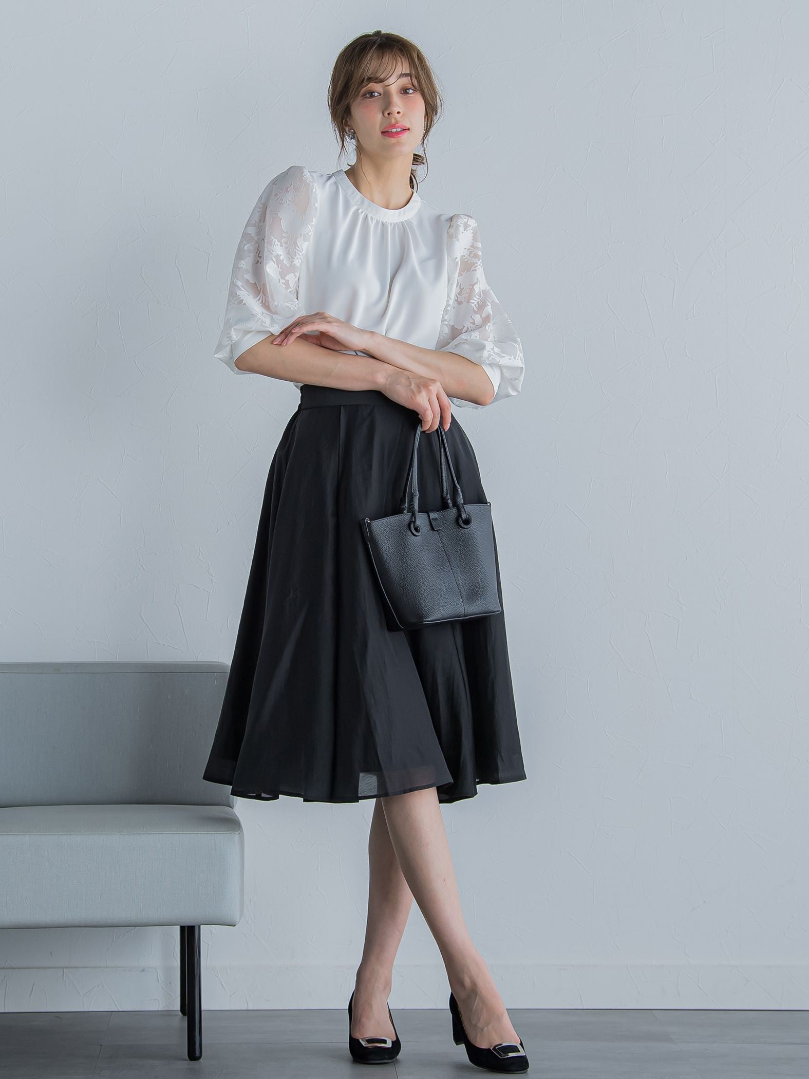 【低身長向けプチサイズ】タックフレア女優スカート ≪洗濯機で洗える≫
