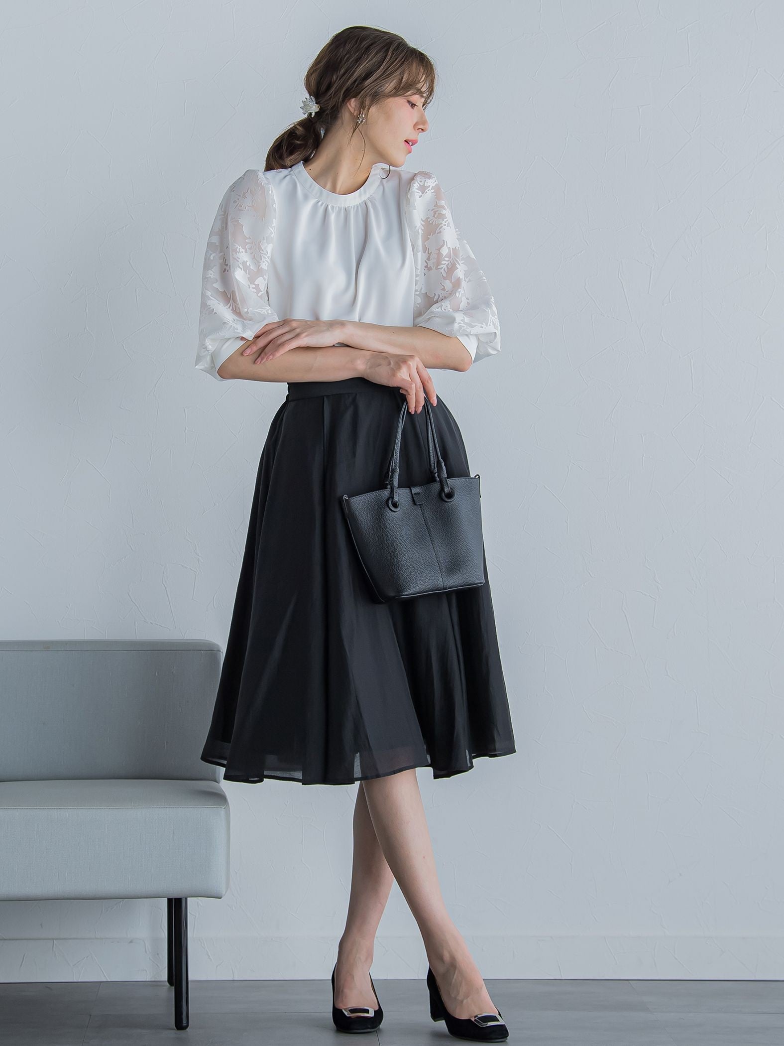 【低身長向けプチサイズ】タックフレア女優スカート ≪洗濯機で洗える≫