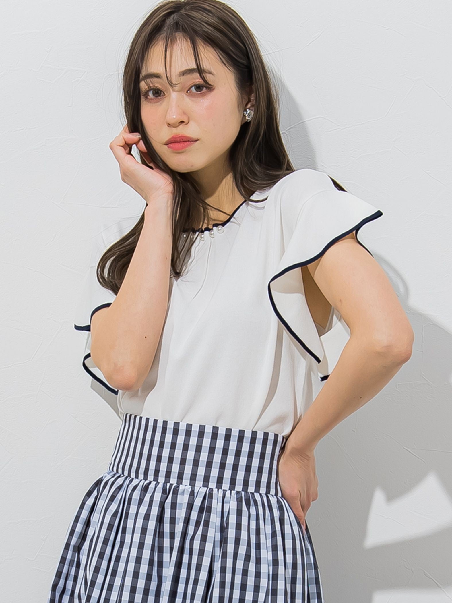 【大きいサイズ】【WEB別注】ラッフルスリーブ配色プルオーバー≪手洗い可能/接触冷感≫