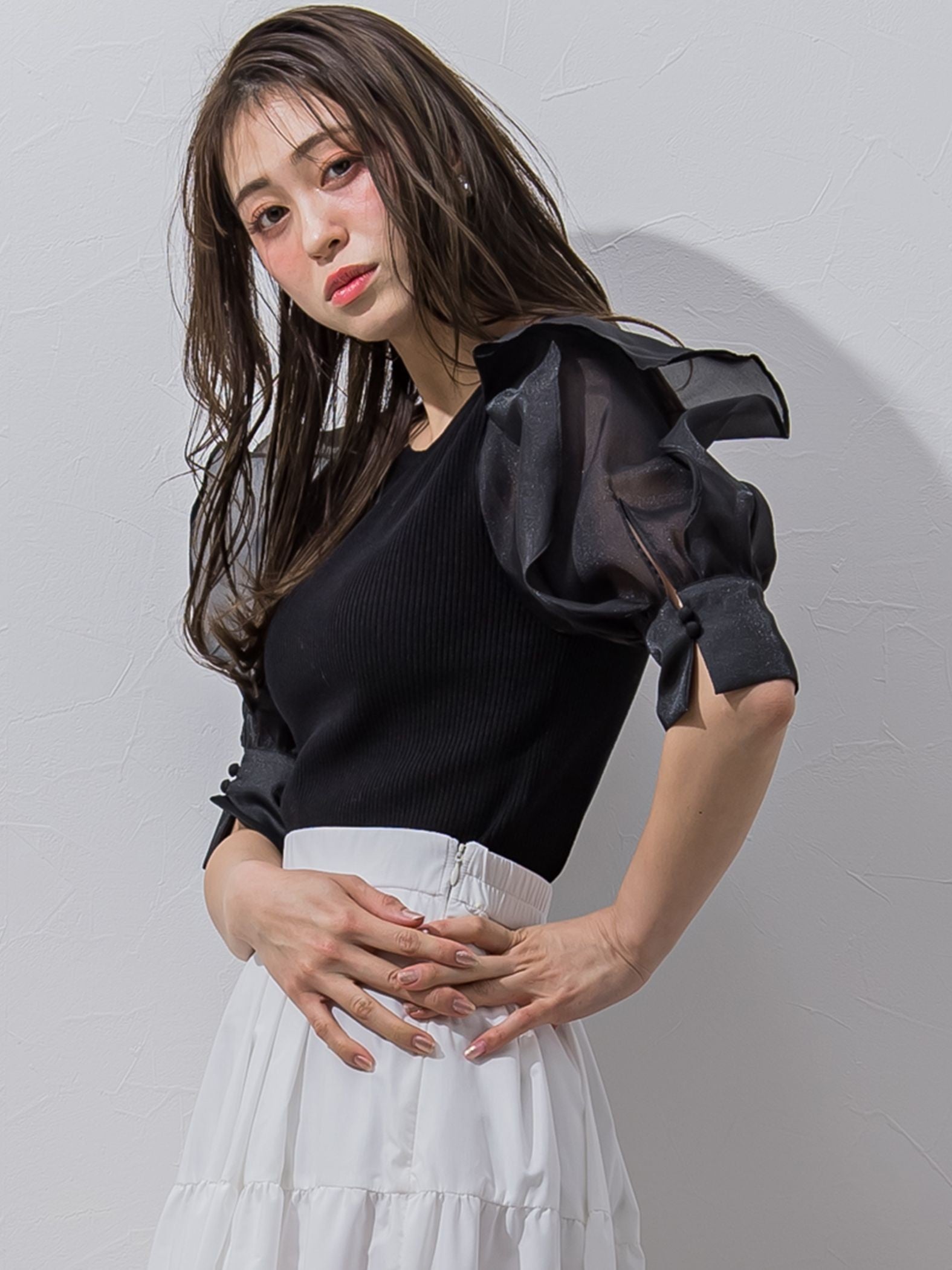 オーガンジー袖フリルプルオーバー≪接触冷感≫
