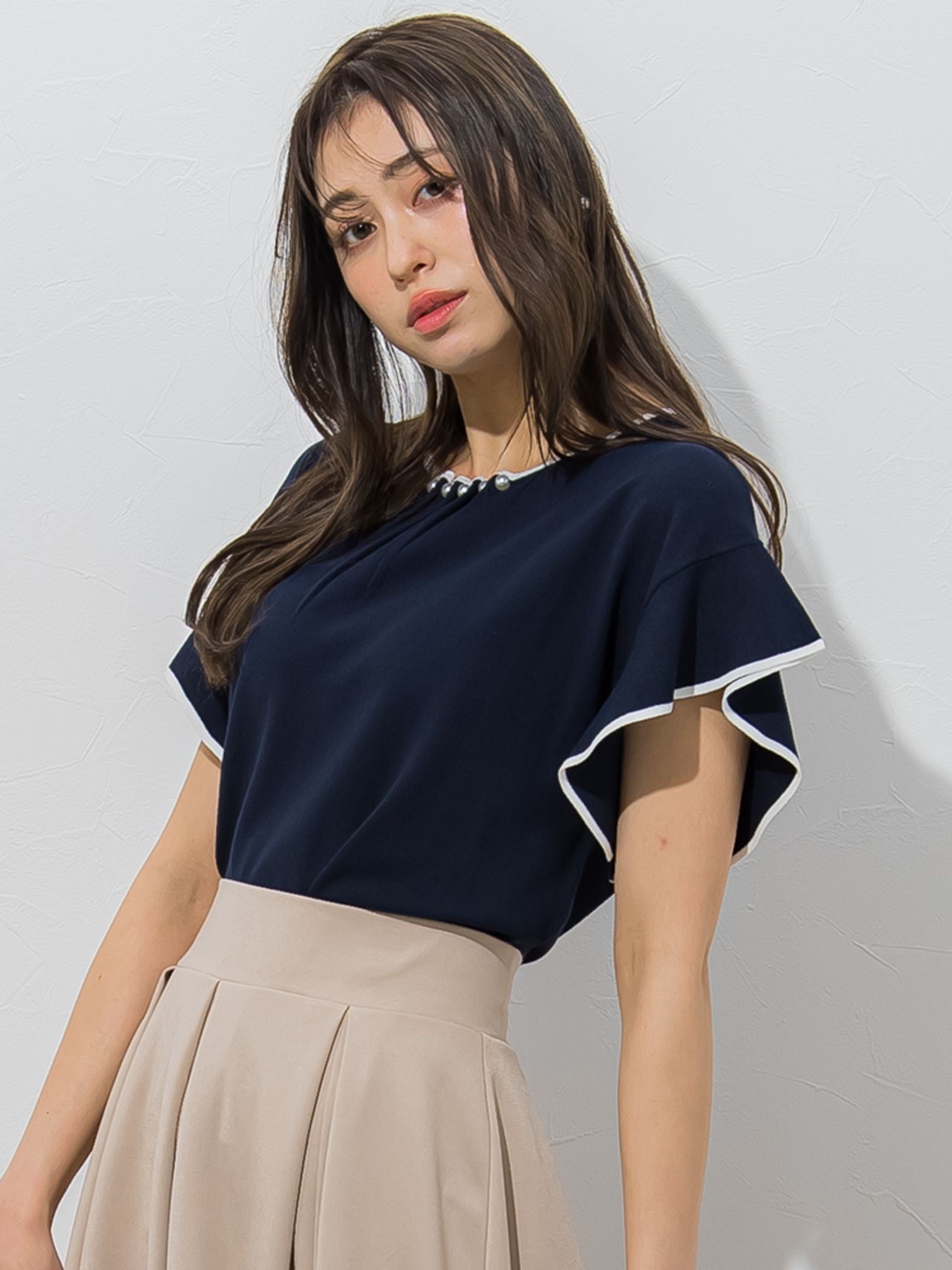 【大きいサイズ】【WEB別注】ラッフルスリーブ配色プルオーバー≪手洗い可能/接触冷感≫