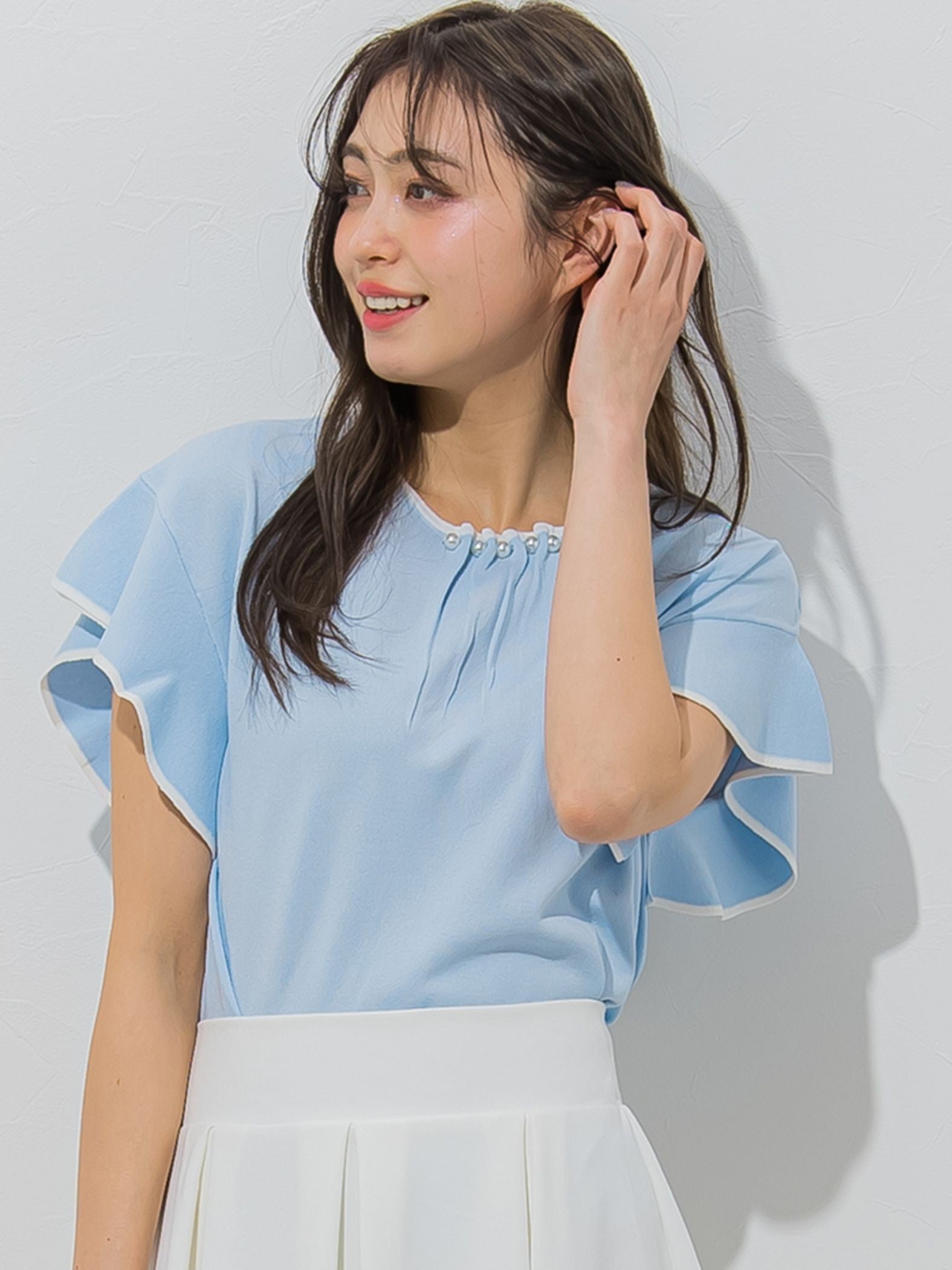 【大きいサイズ】【WEB別注】ラッフルスリーブ配色プルオーバー≪手洗い可能/接触冷感≫
