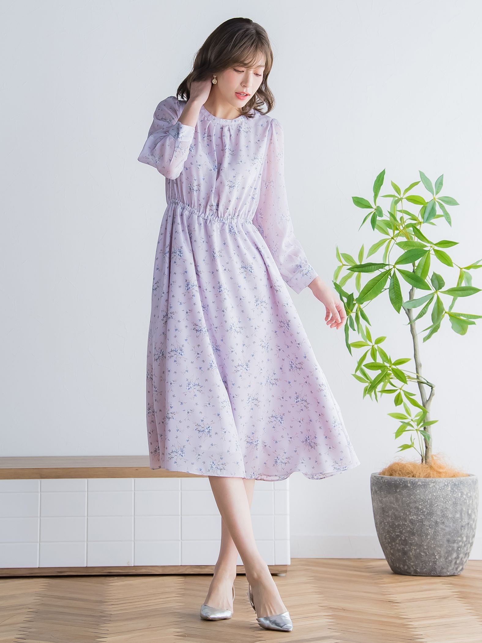 花柄シフォンワンピース ≪洗濯機で洗える≫