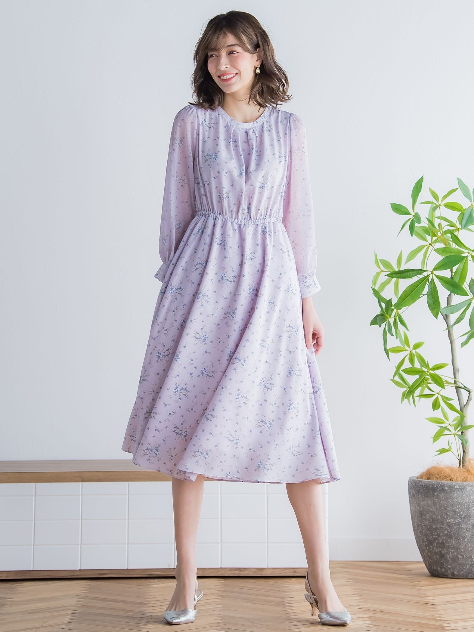 花柄シフォンワンピース ≪洗濯機で洗える≫