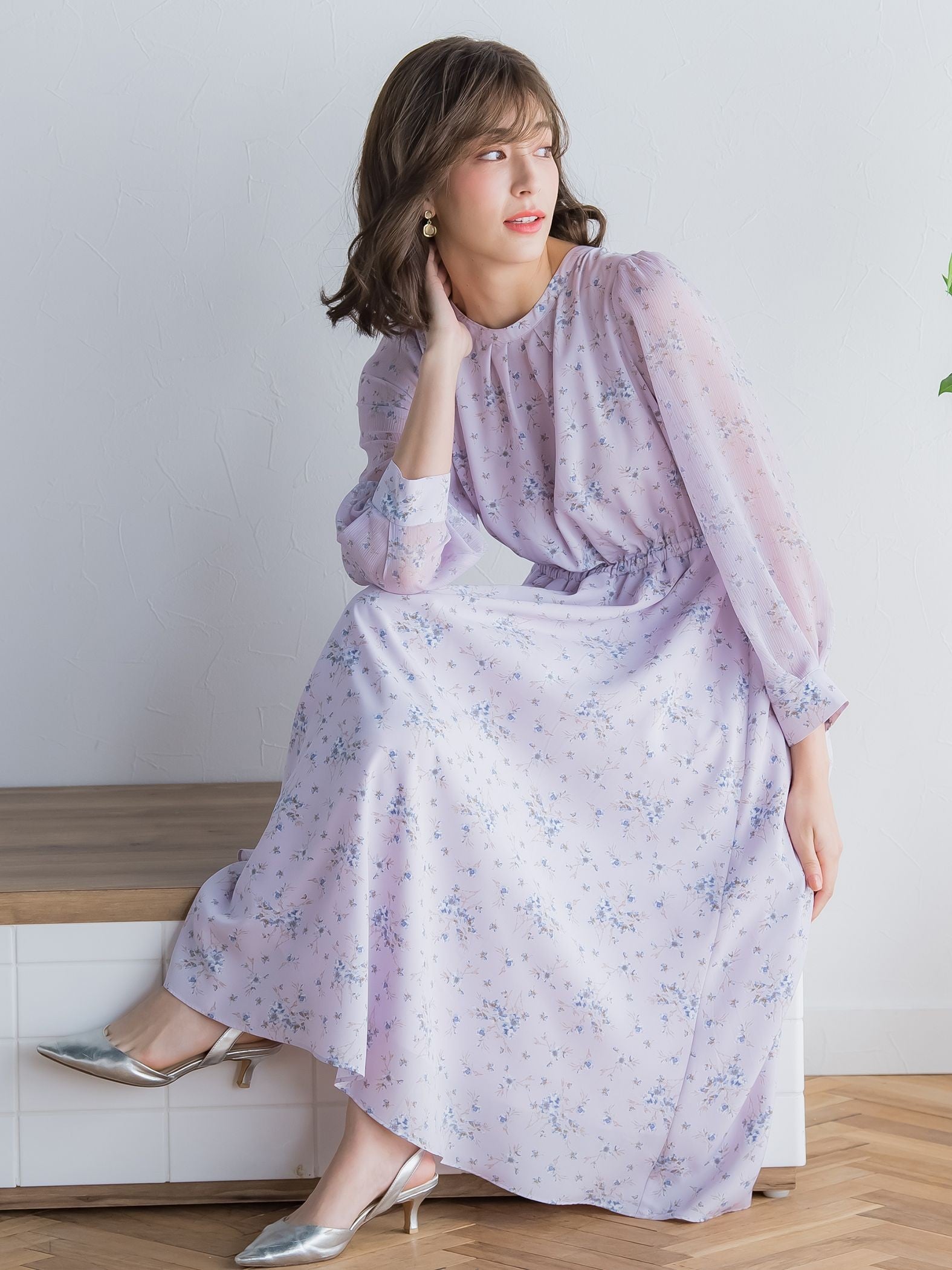 花柄シフォンワンピース ≪洗濯機で洗える≫