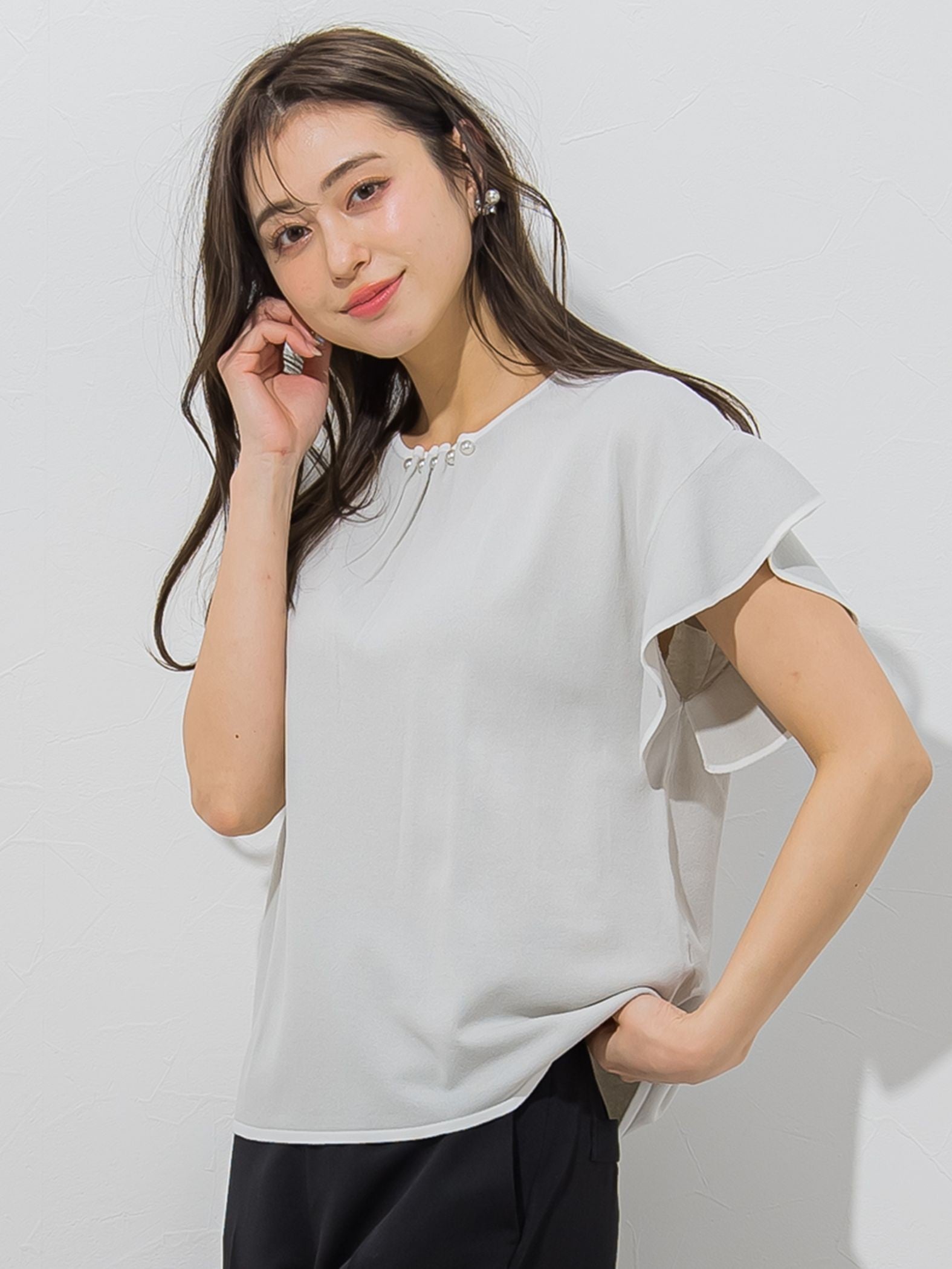 【大きいサイズ】【WEB別注】ラッフルスリーブ配色プルオーバー≪手洗い可能/接触冷感≫