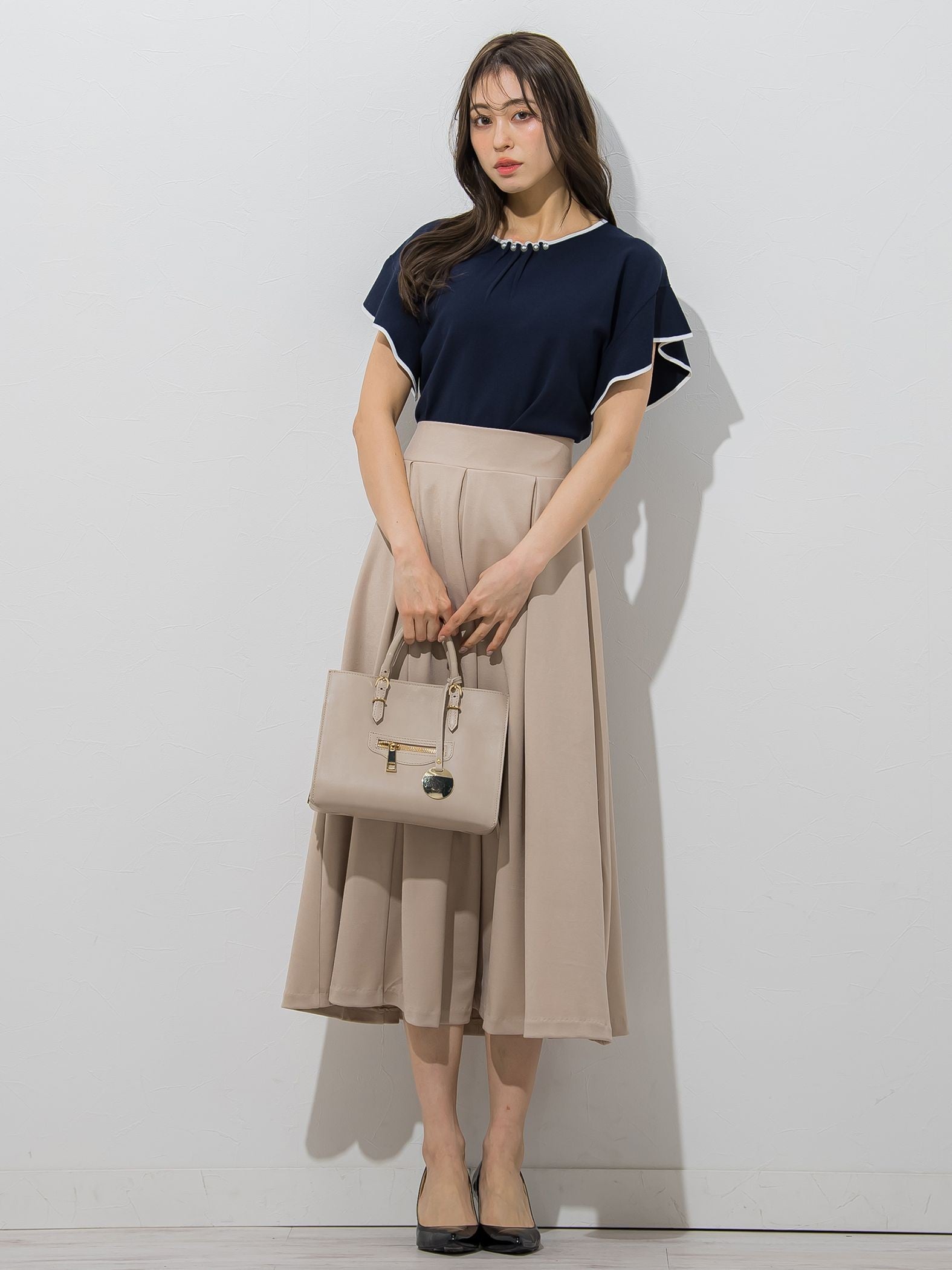 【大きいサイズ】【WEB別注】ラッフルスリーブ配色プルオーバー≪手洗い可能/接触冷感≫