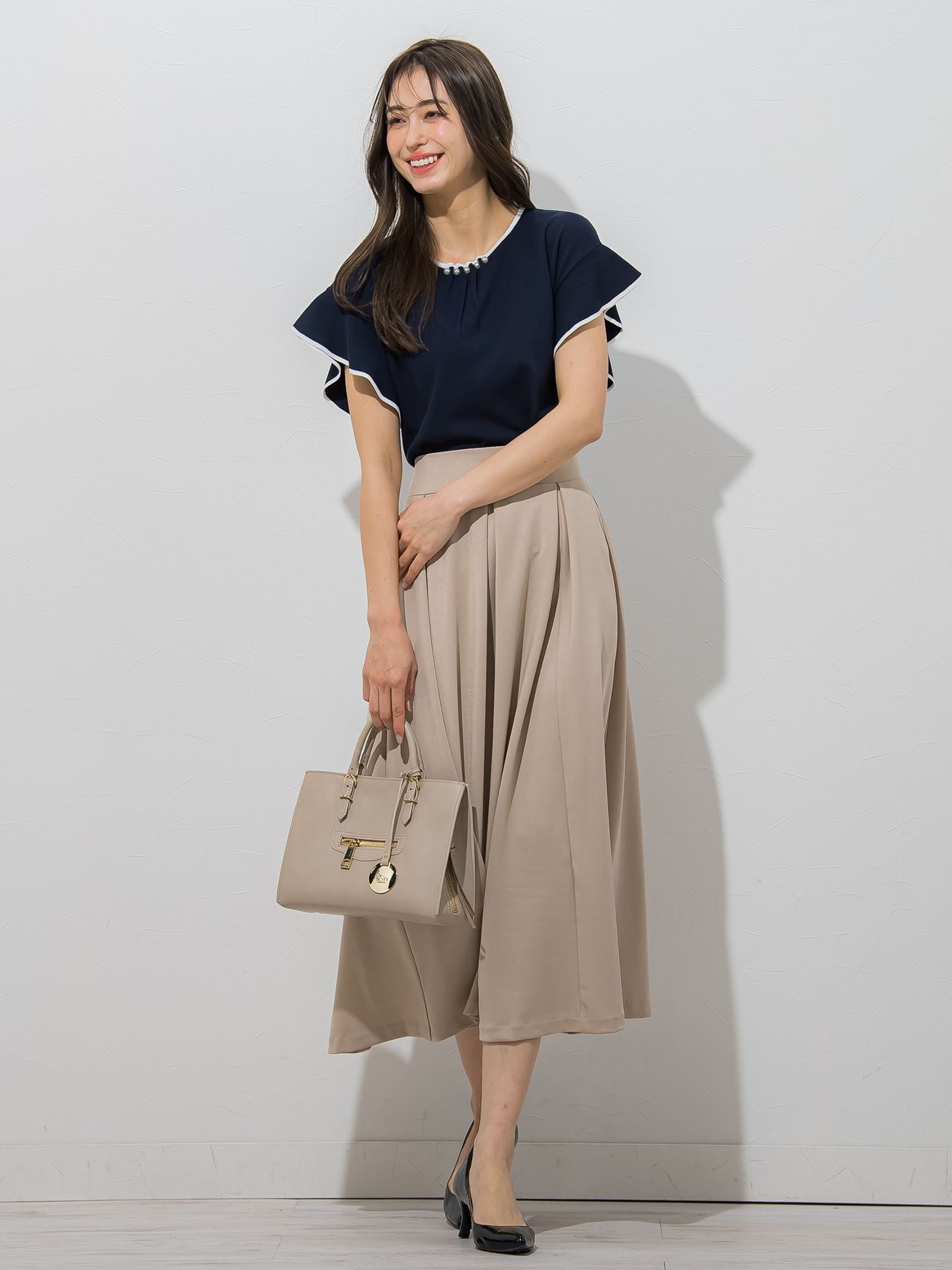 【大きいサイズ】【WEB別注】ラッフルスリーブ配色プルオーバー≪手洗い可能/接触冷感≫