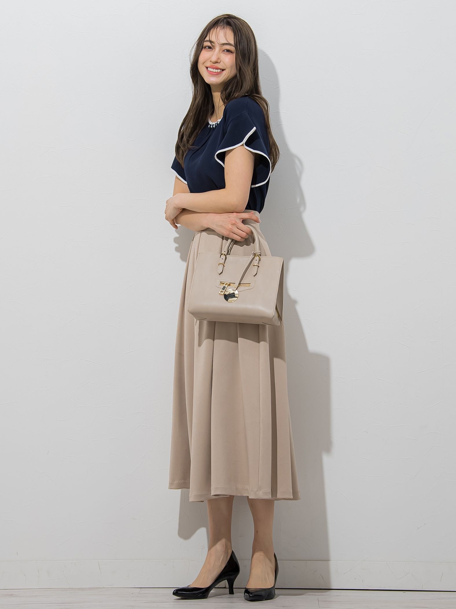 【大きいサイズ】【WEB別注】ラッフルスリーブ配色プルオーバー≪手洗い可能/接触冷感≫