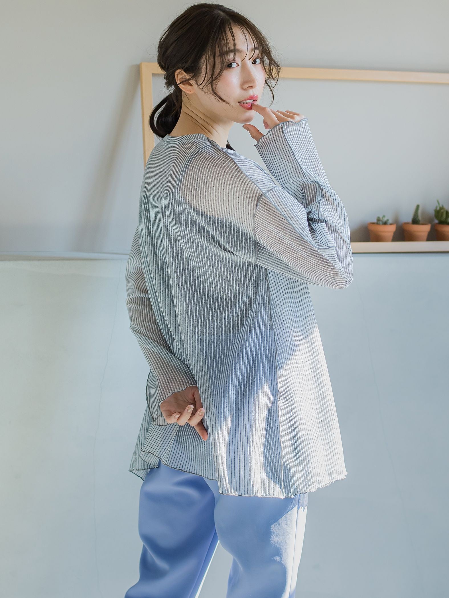 【コーディネートにこなれ感をプラス】ストライプシアーTシャツ《手洗い可能》