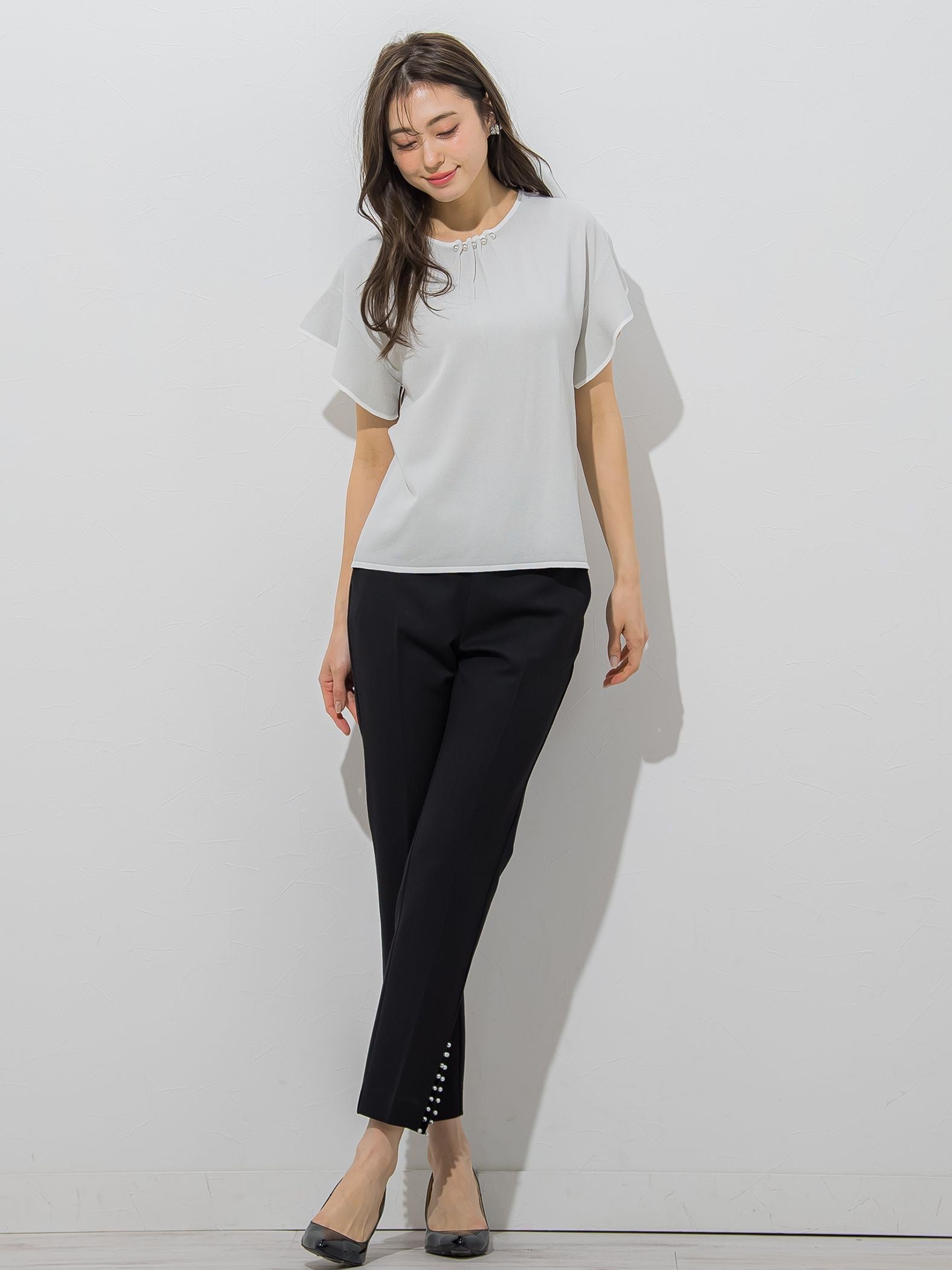 【大きいサイズ】【WEB別注】ラッフルスリーブ配色プルオーバー≪手洗い可能/接触冷感≫