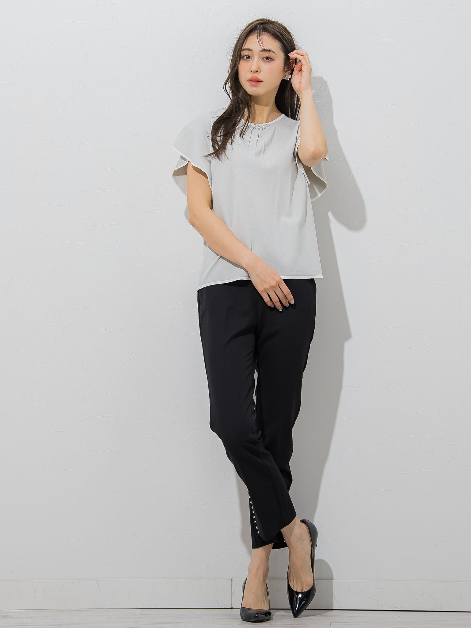 【大きいサイズ】【WEB別注】ラッフルスリーブ配色プルオーバー≪手洗い可能/接触冷感≫
