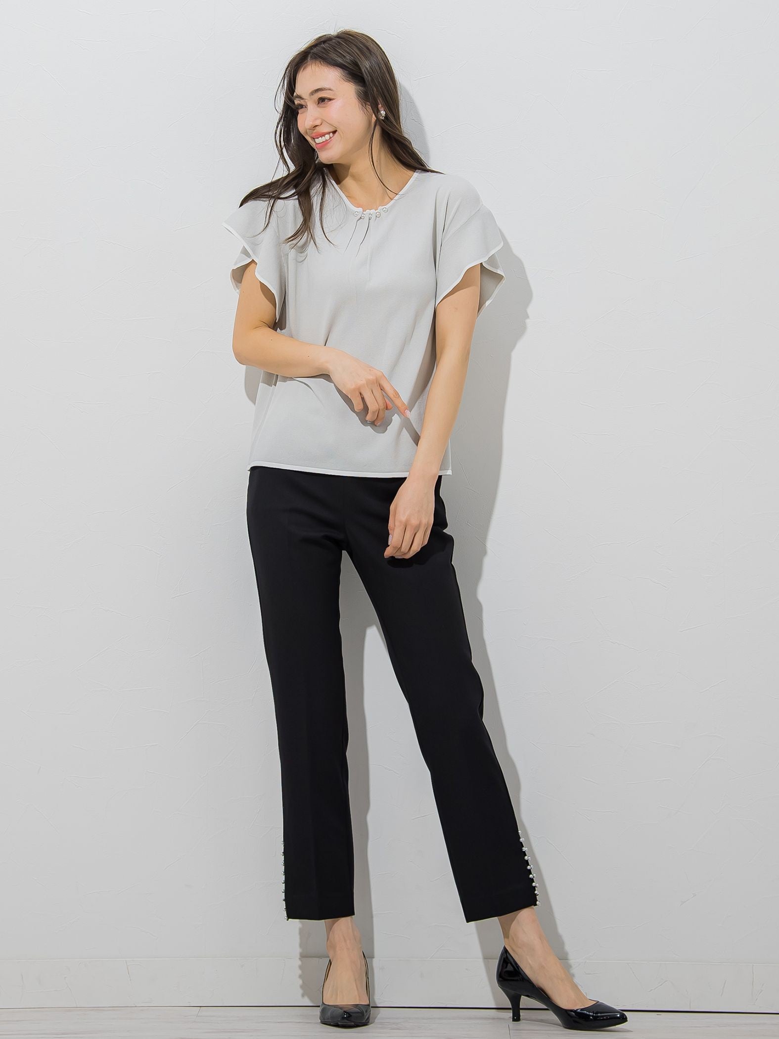 【大きいサイズ】【WEB別注】ラッフルスリーブ配色プルオーバー≪手洗い可能/接触冷感≫