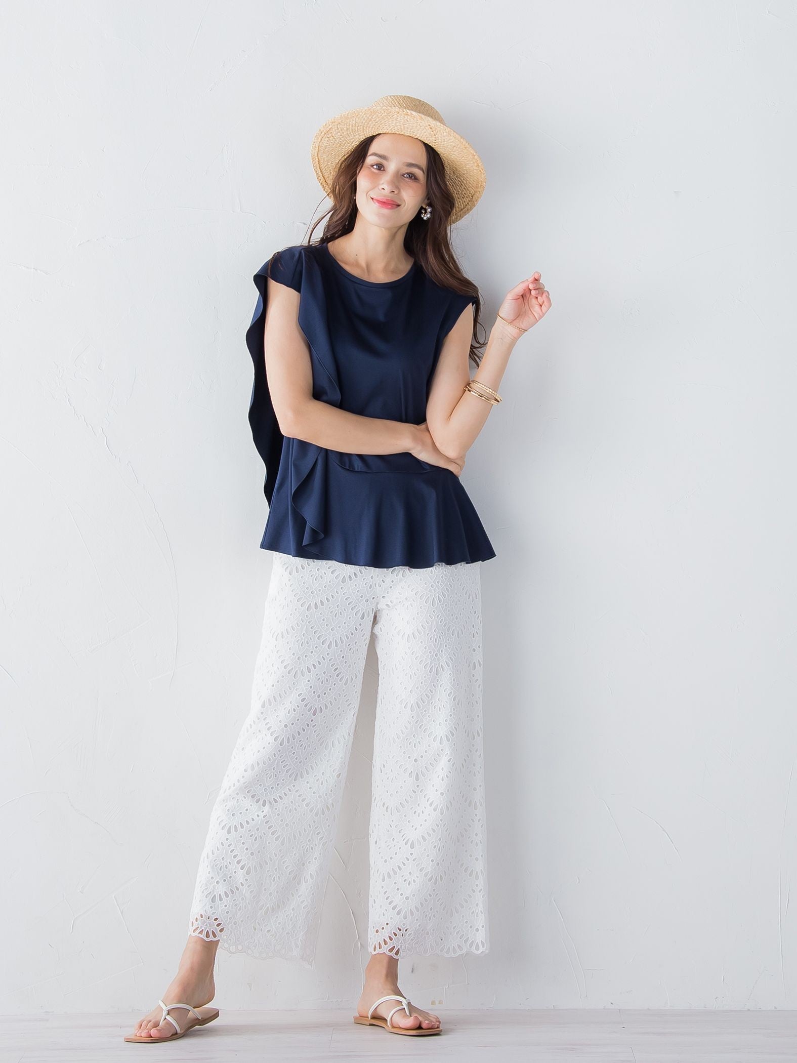 コットンレース刺繍ウエストゴムパンツ≪SET UP対応≫