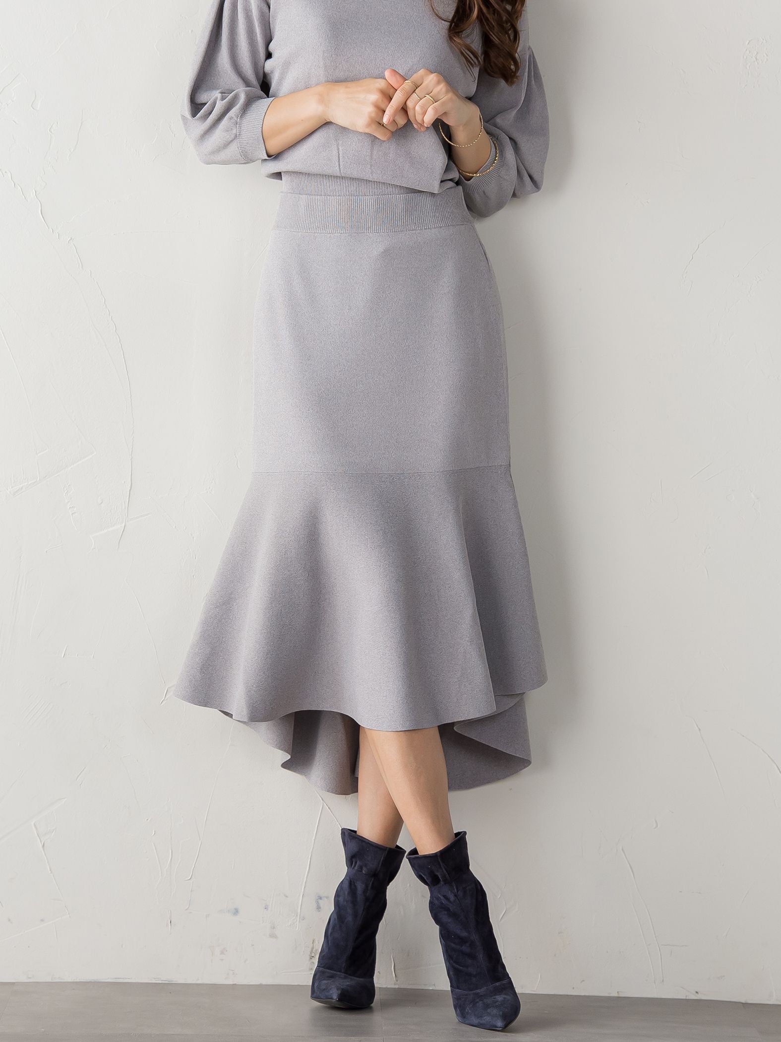 アシンメトリーニットフレアスカート≪手洗い可能/セットアップ対応≫