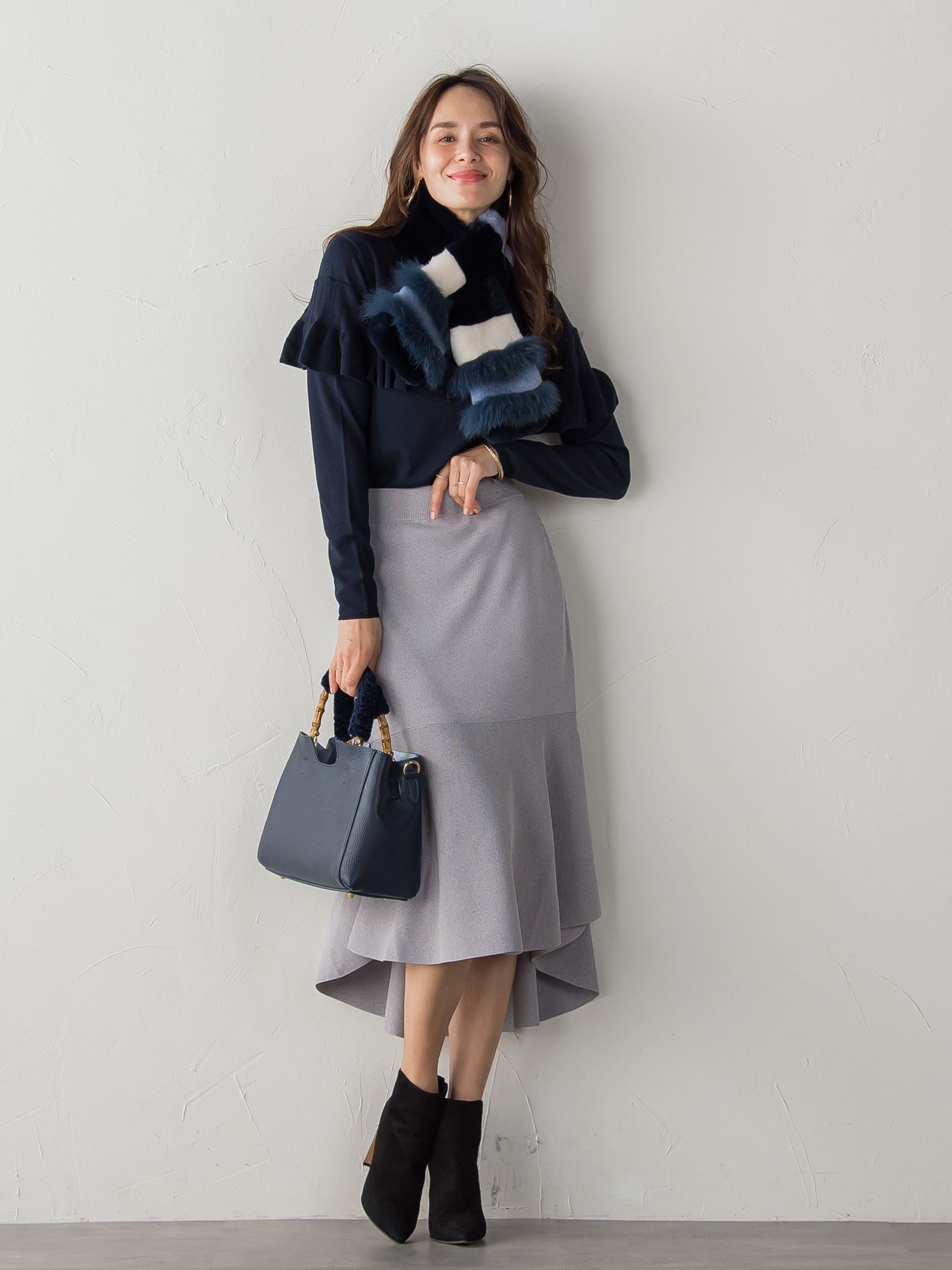 アシンメトリーニットフレアスカート≪手洗い可能/セットアップ対応≫