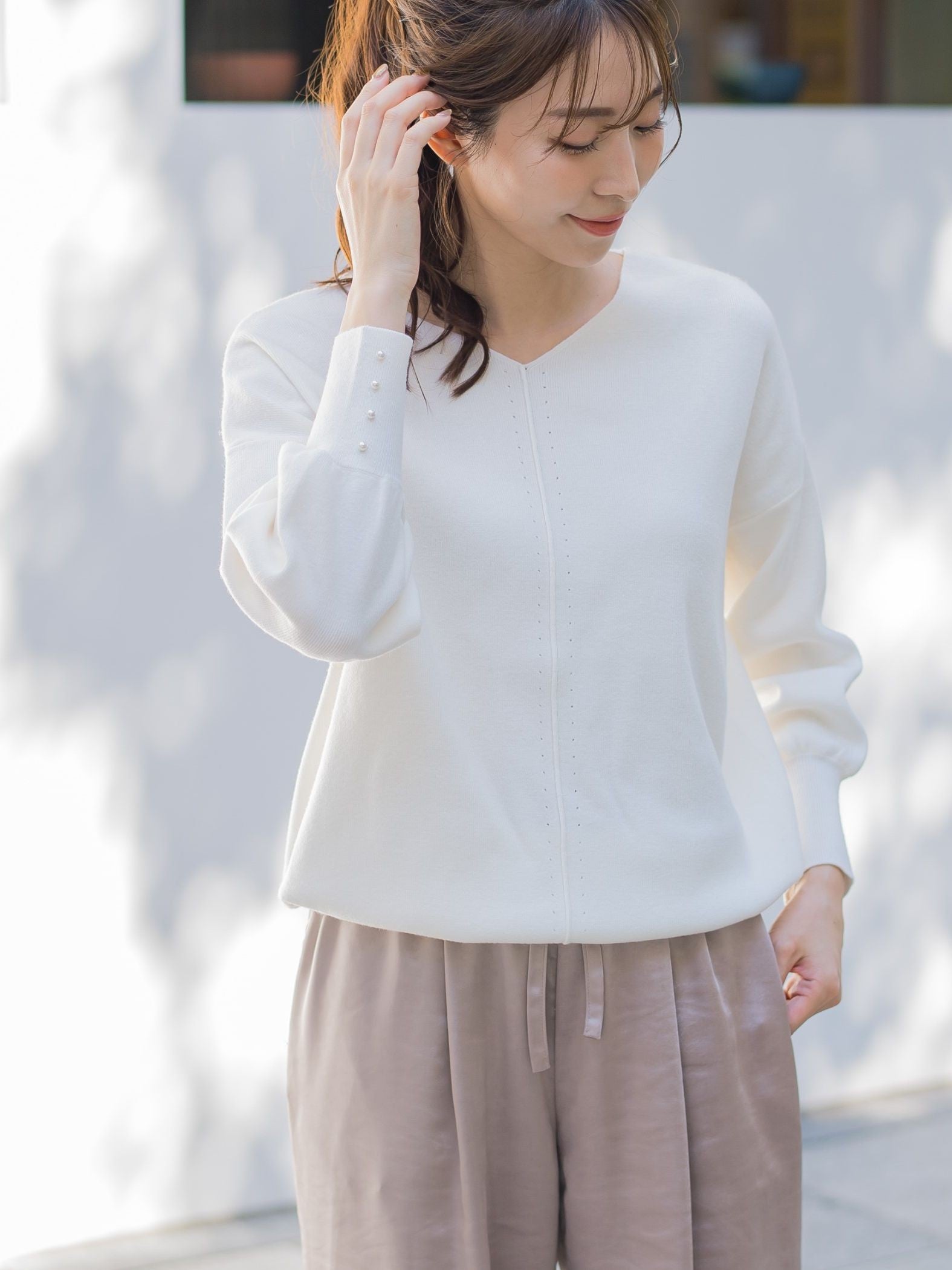 【定番人気アイテム新色登場】袖パールニット《手洗い可能》