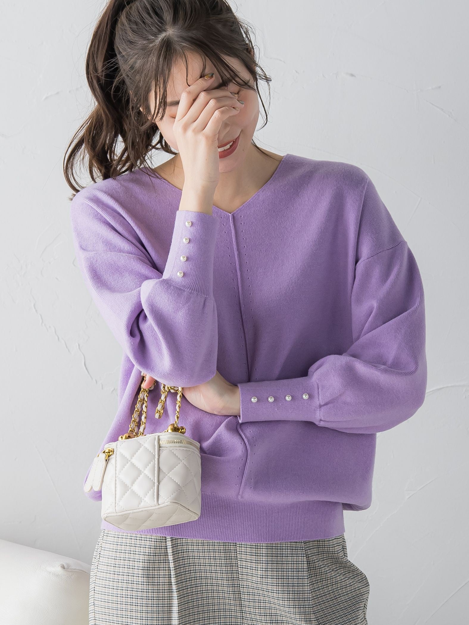 【定番人気アイテム新色登場】袖パールニット《手洗い可能》