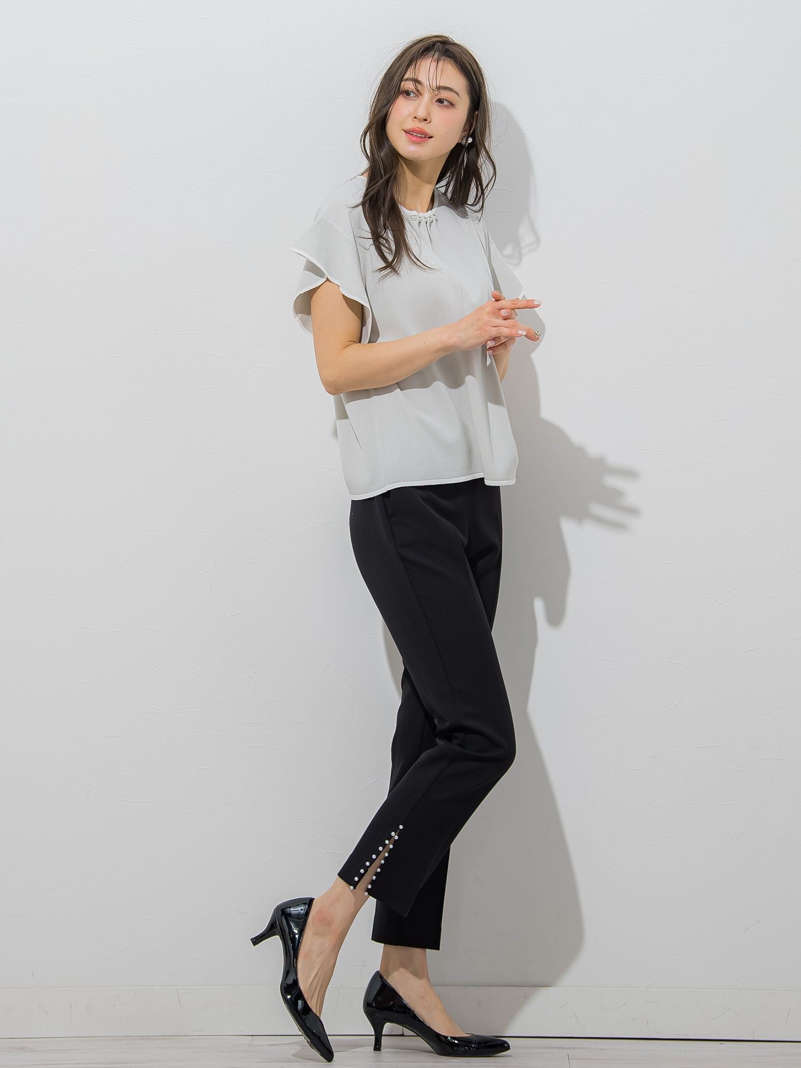 【大きいサイズ】【WEB別注】ラッフルスリーブ配色プルオーバー≪手洗い可能/接触冷感≫