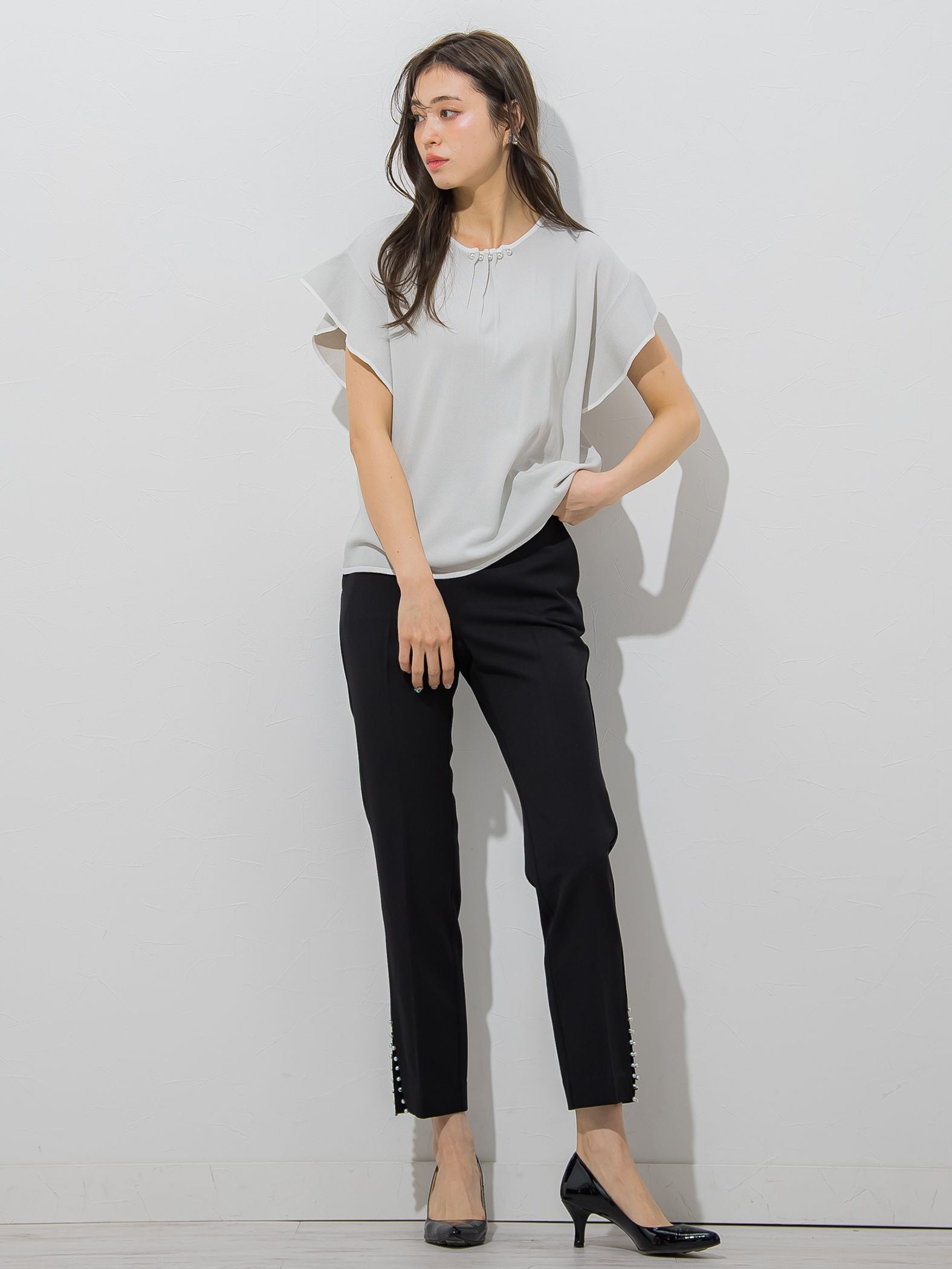 【大きいサイズ】【WEB別注】ラッフルスリーブ配色プルオーバー≪手洗い可能/接触冷感≫