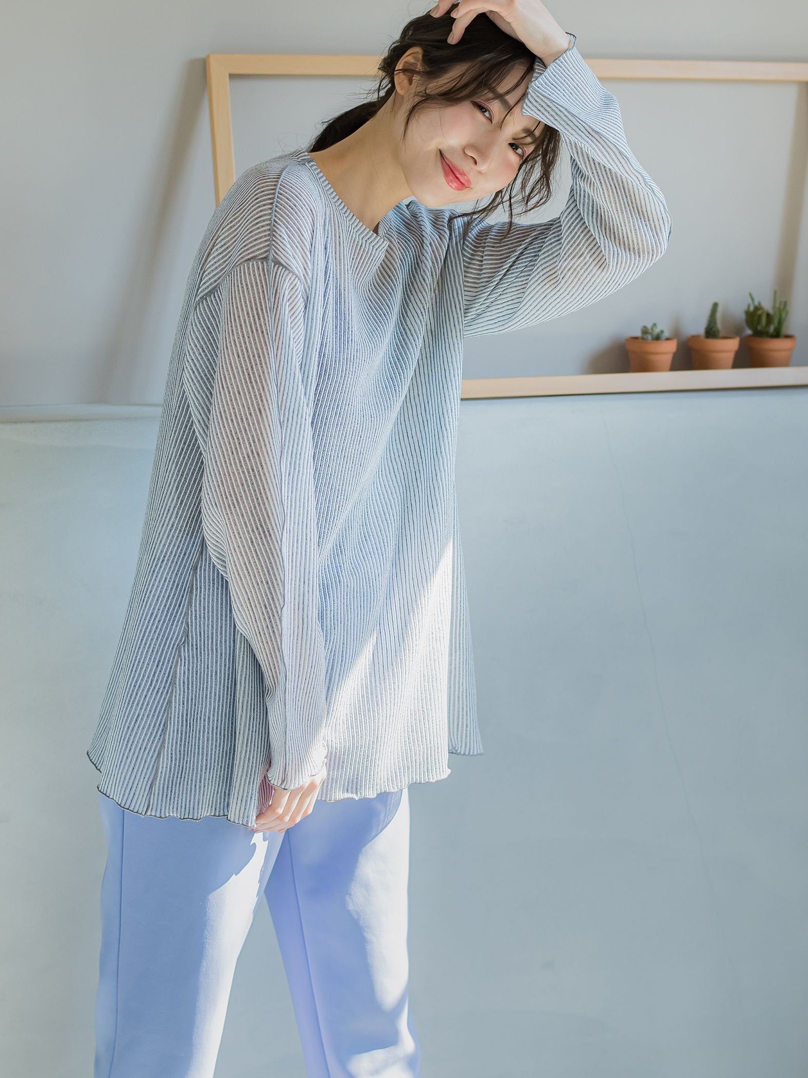 【コーディネートにこなれ感をプラス】ストライプシアーTシャツ《手洗い可能》