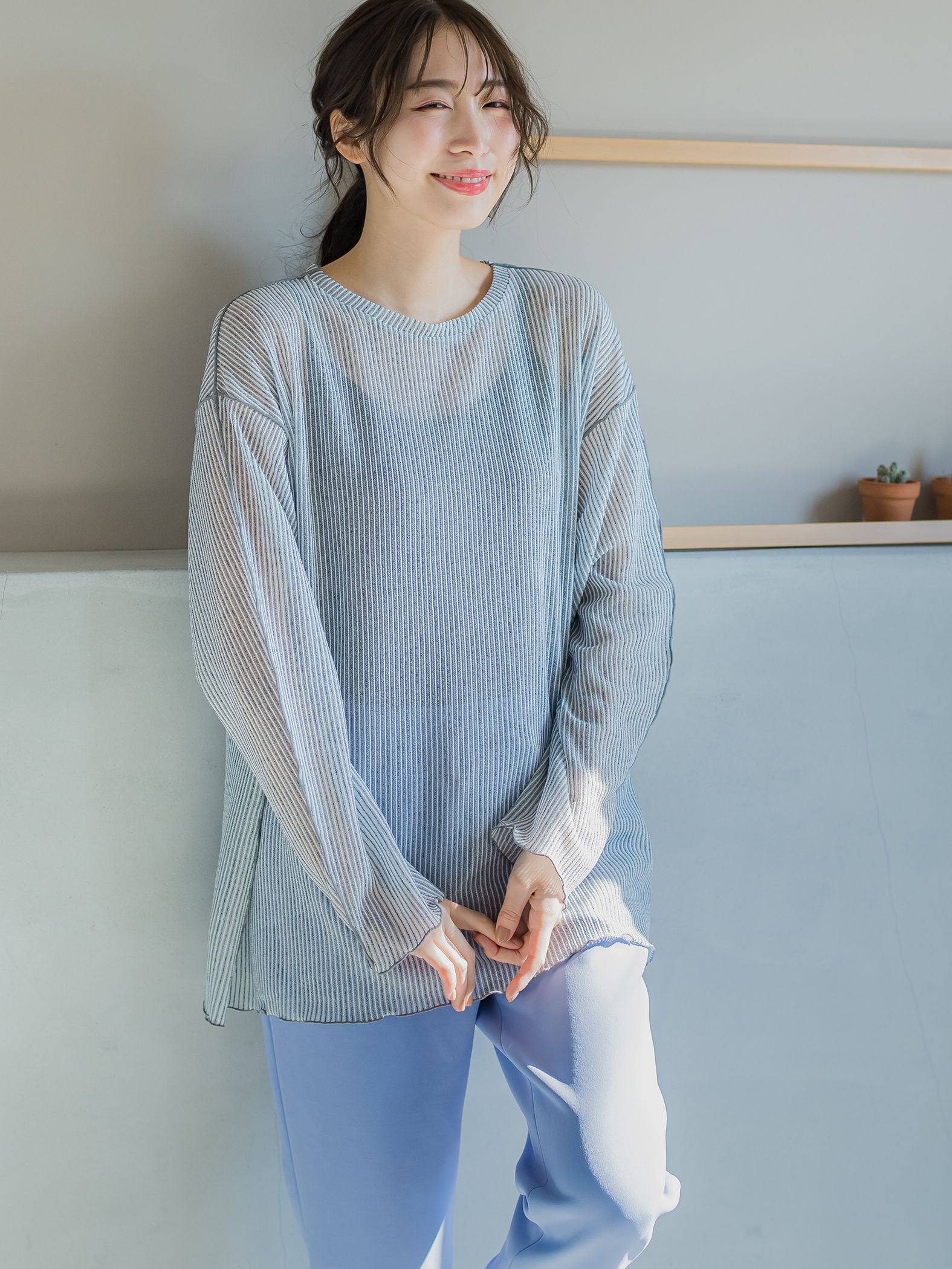 【コーディネートにこなれ感をプラス】ストライプシアーTシャツ《手洗い可能》