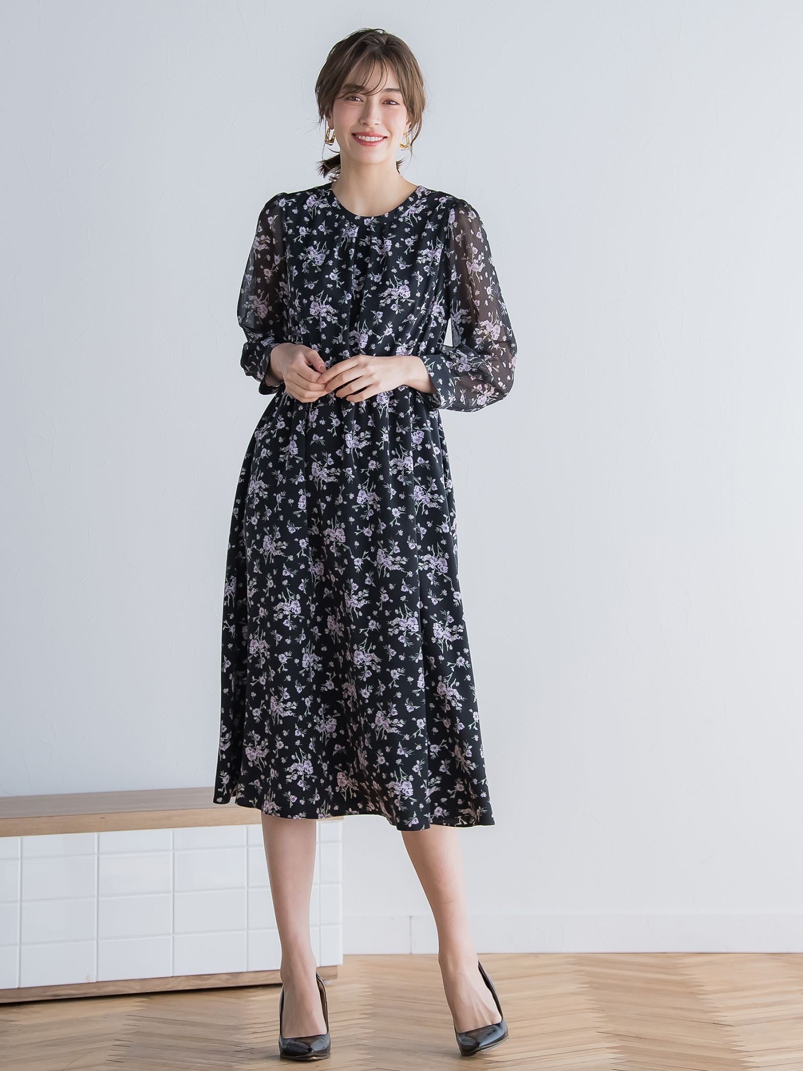 花柄シフォンワンピース ≪洗濯機で洗える≫