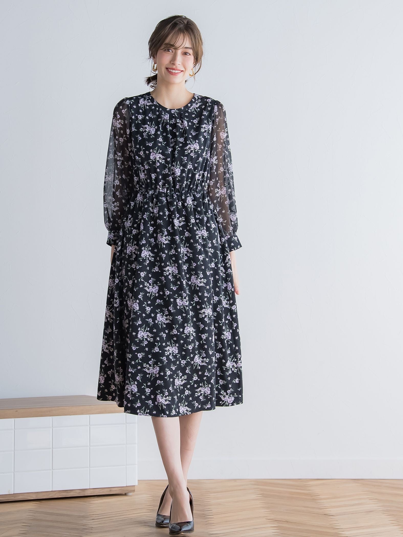 花柄シフォンワンピース ≪洗濯機で洗える≫
