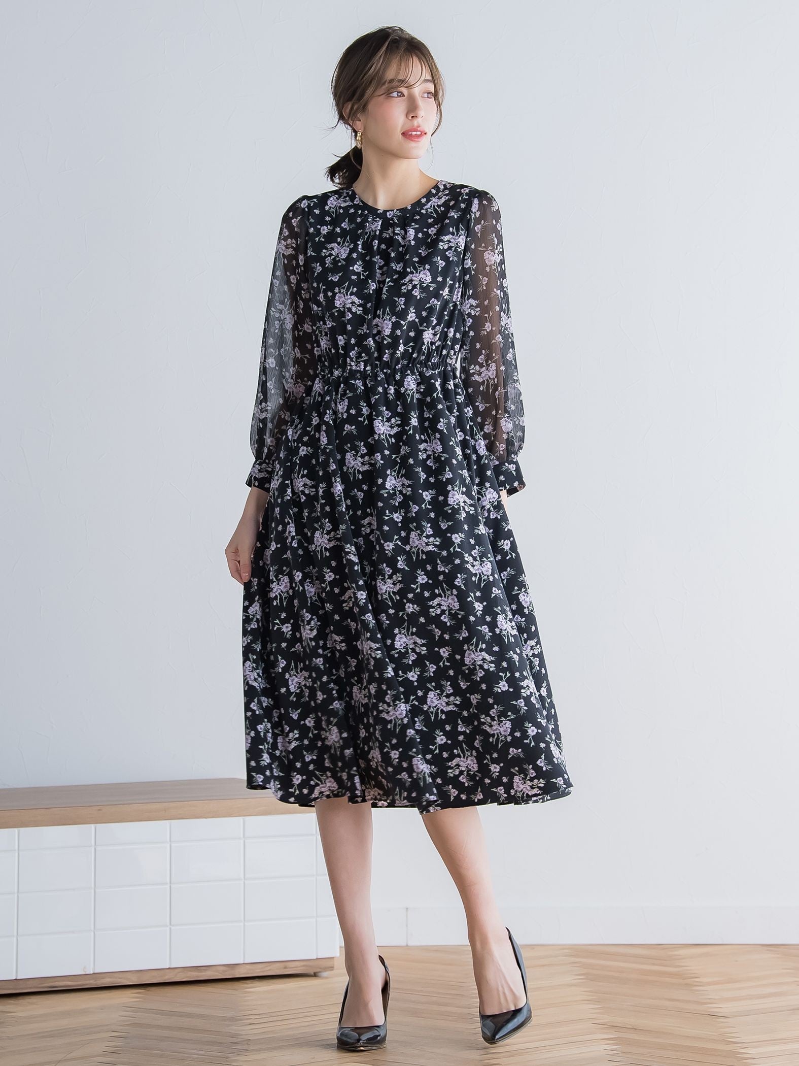 花柄シフォンワンピース ≪洗濯機で洗える≫